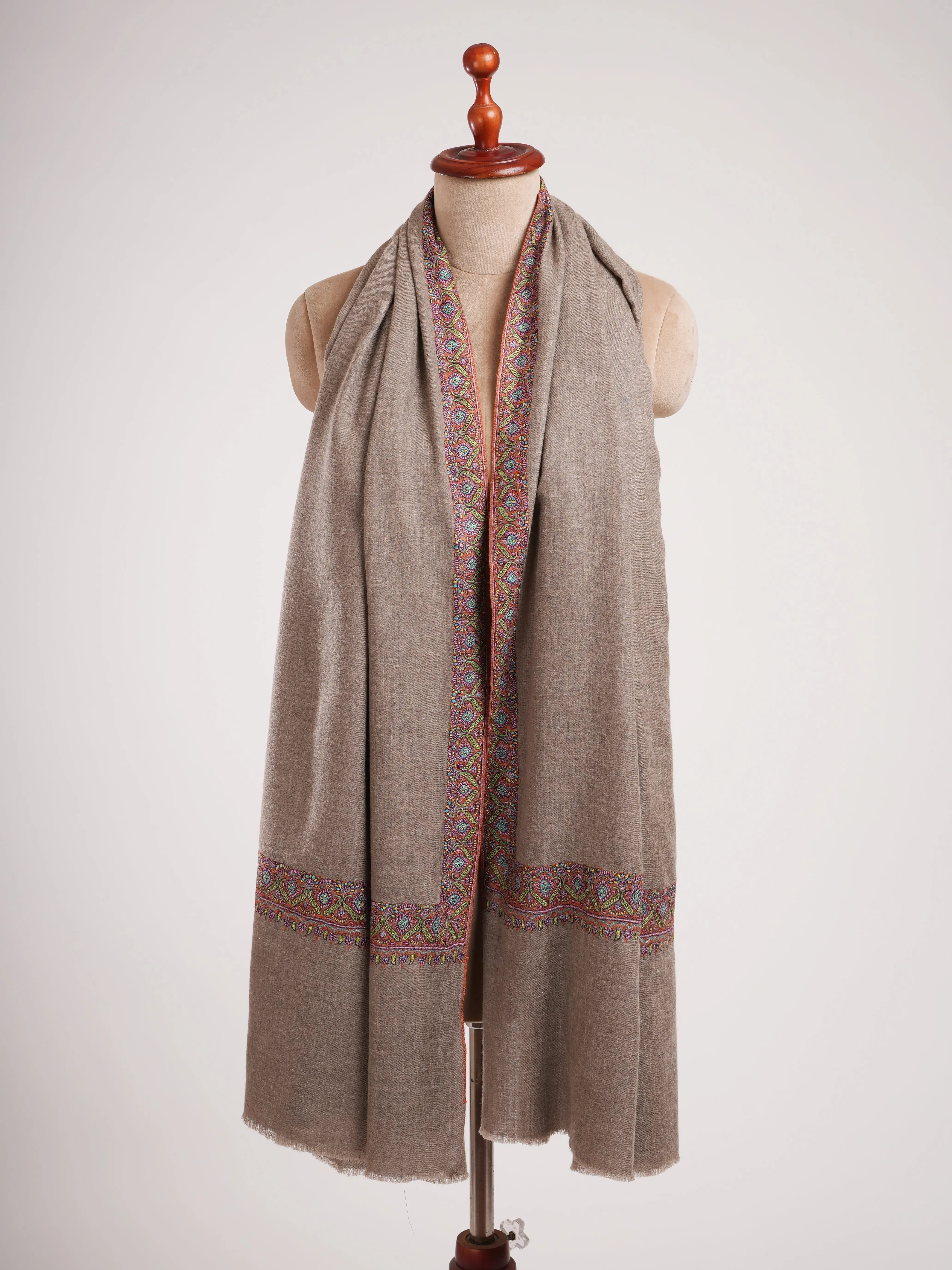 Taupe Traditional Neemdaur Needlework Pashmina Shawl Shahkaar