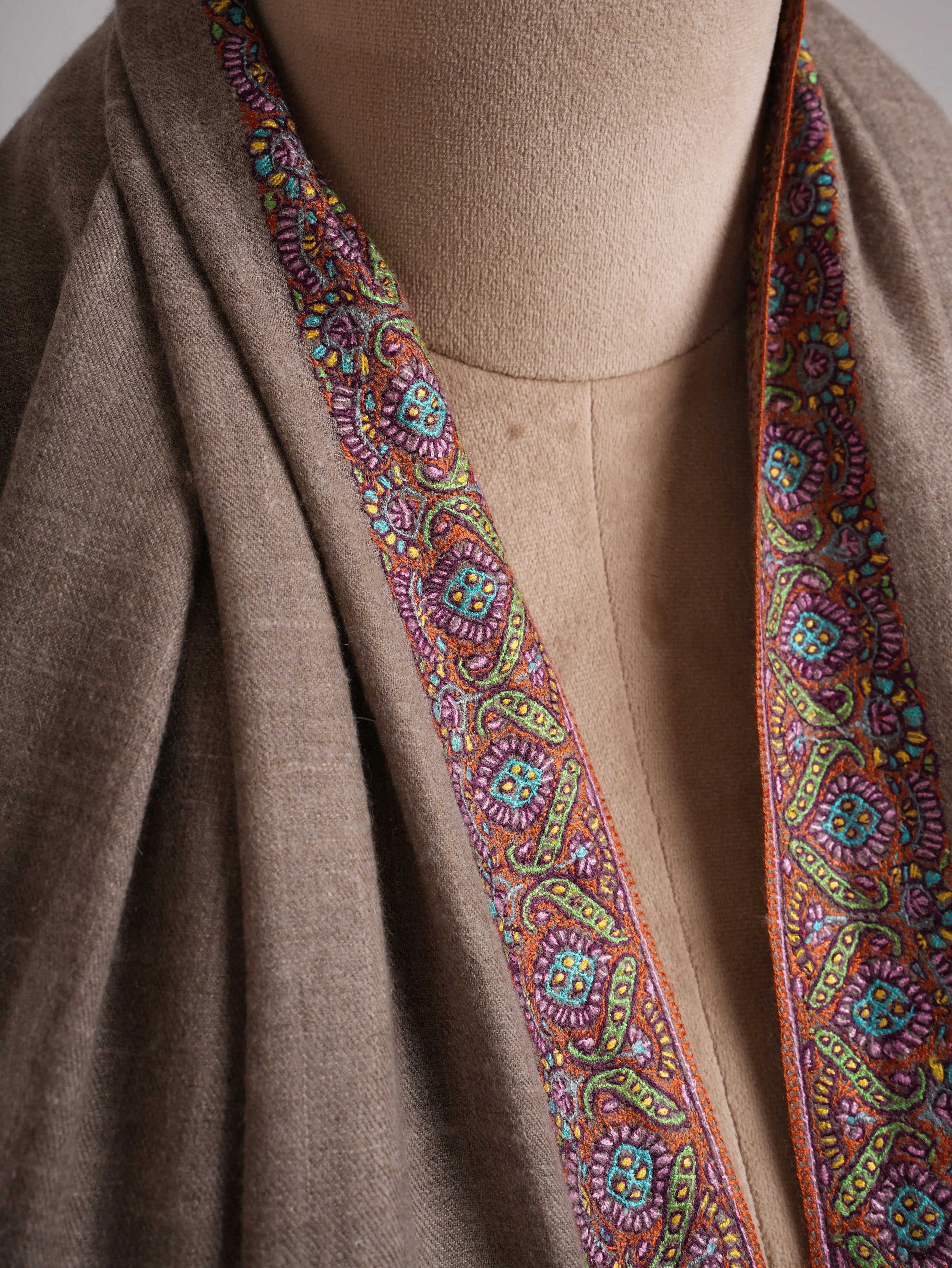 Taupe Traditional Neemdaur Needlework Pashmina Shawl Shahkaar