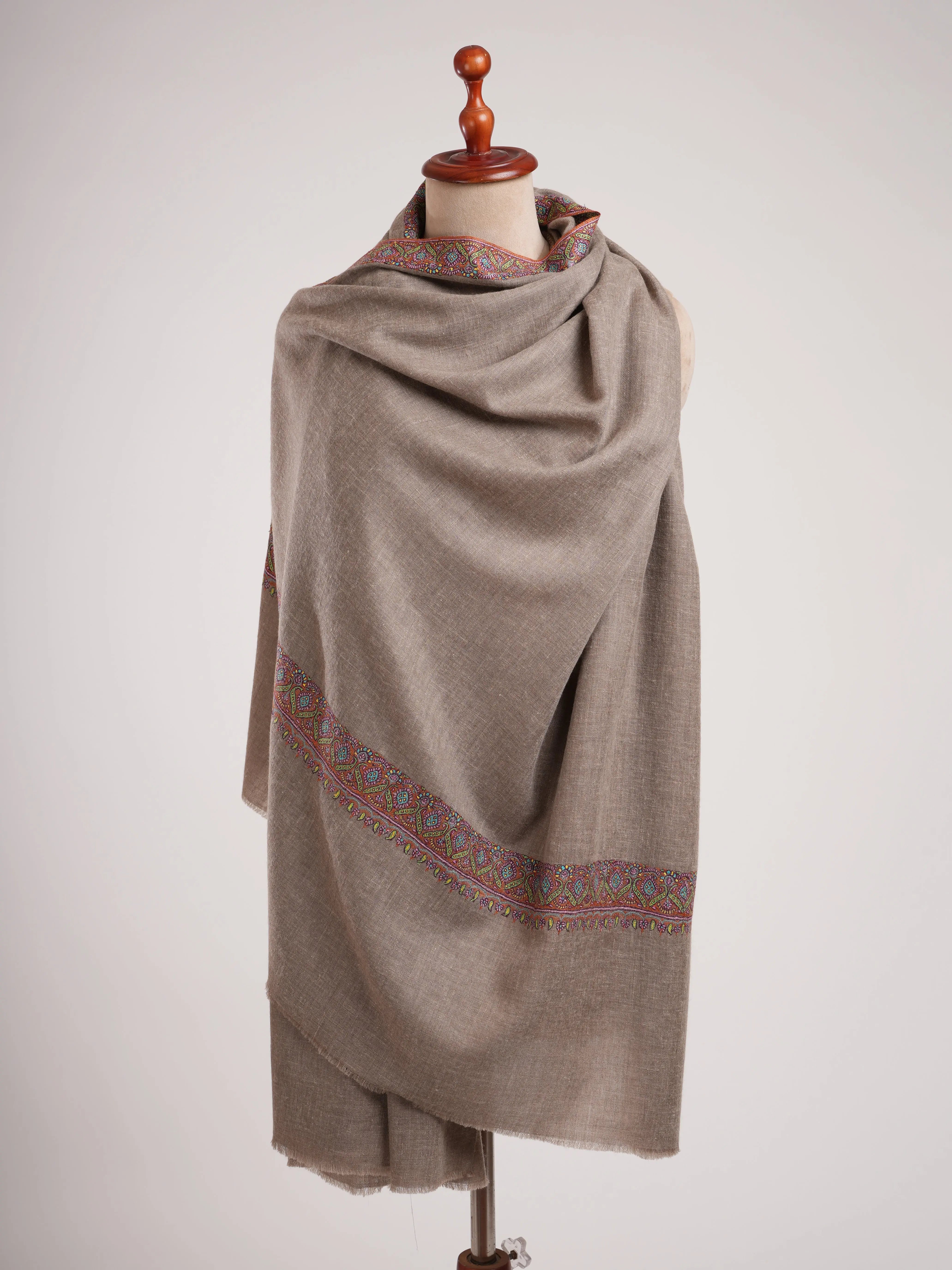 Taupe Traditional Neemdaur Needlework Pashmina Shawl Shahkaar