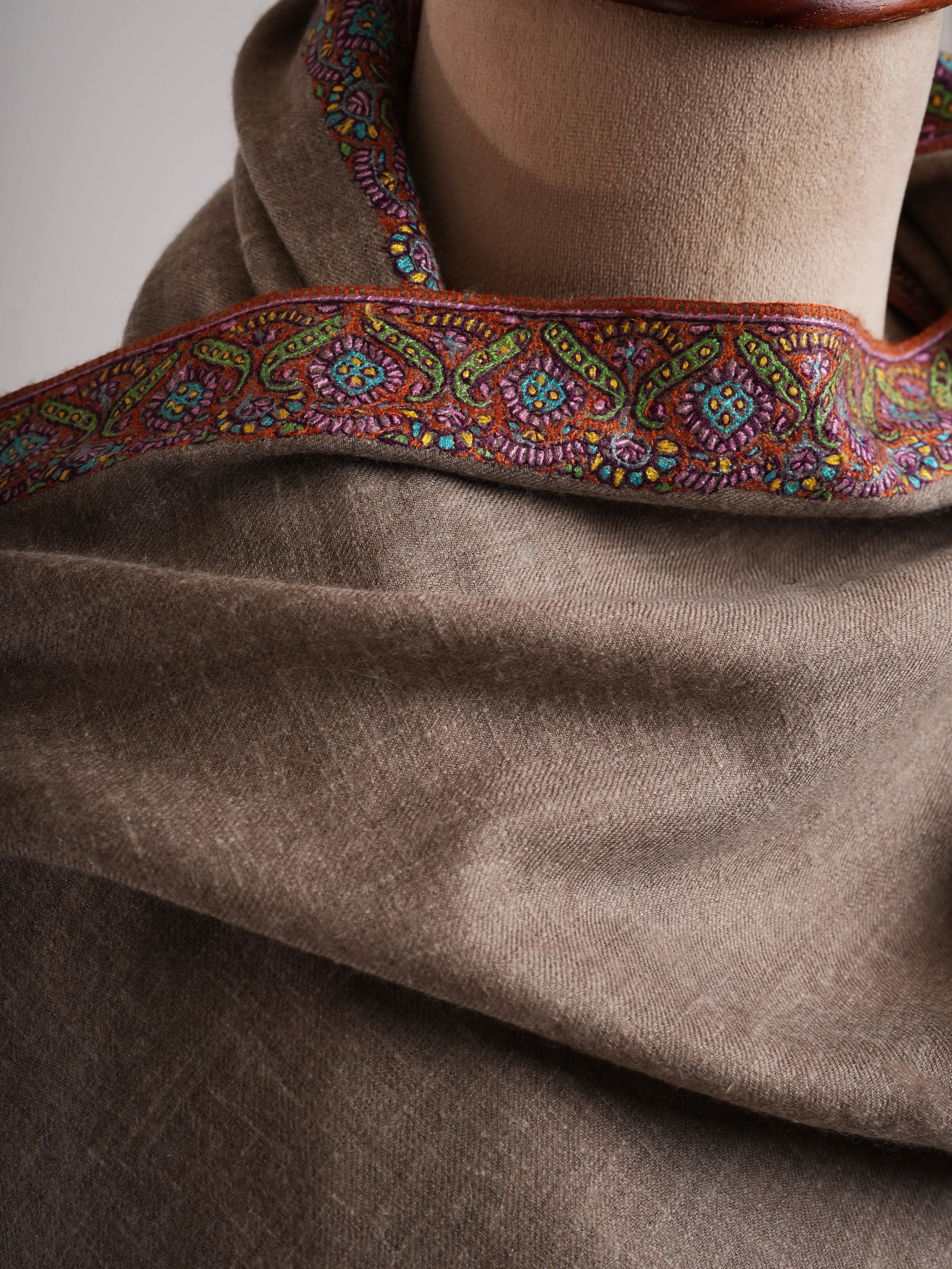 Taupe Traditional Neemdaur Needlework Pashmina Shawl Shahkaar