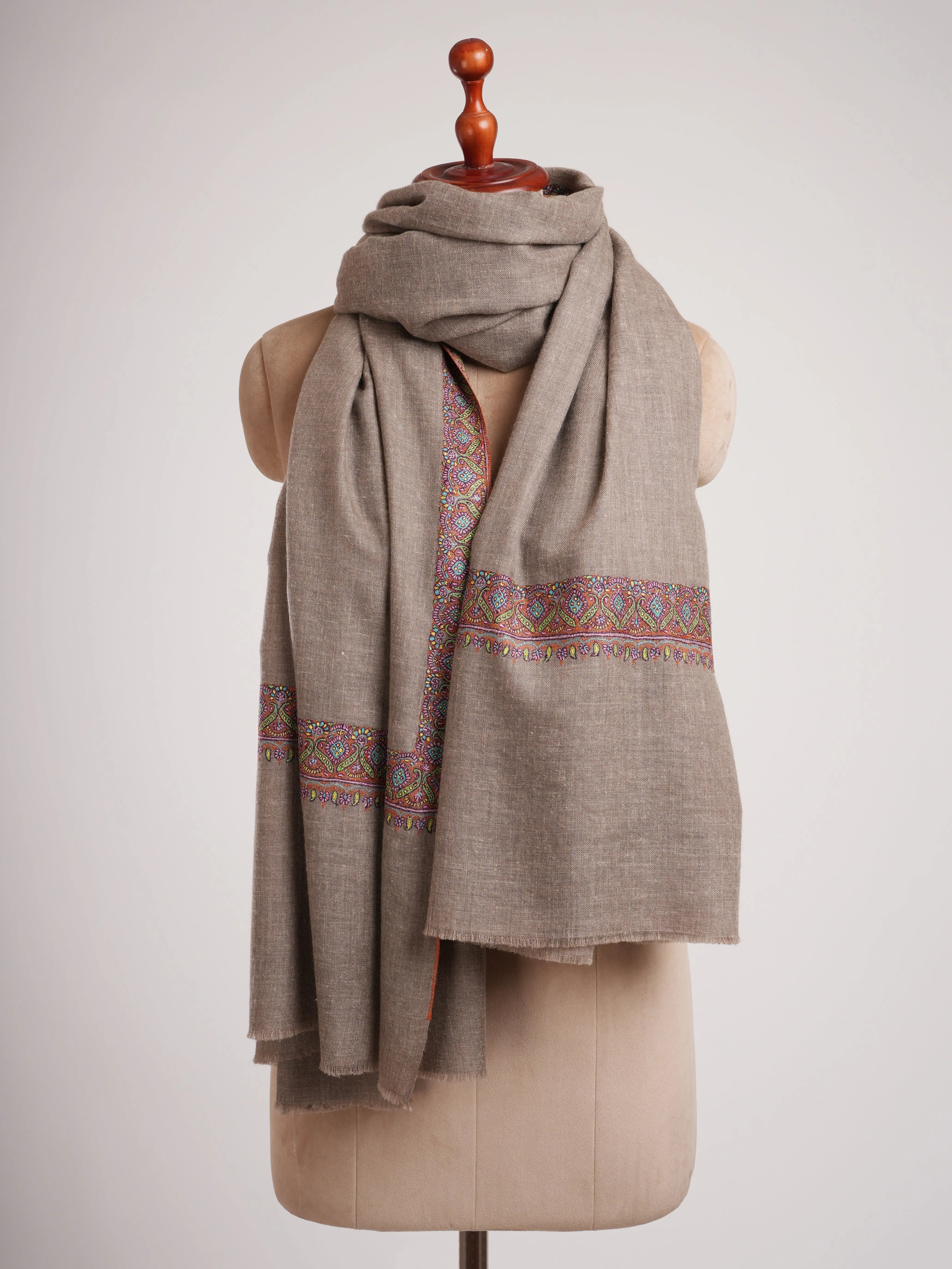 Taupe Traditional Neemdaur Needlework Pashmina Shawl Shahkaar