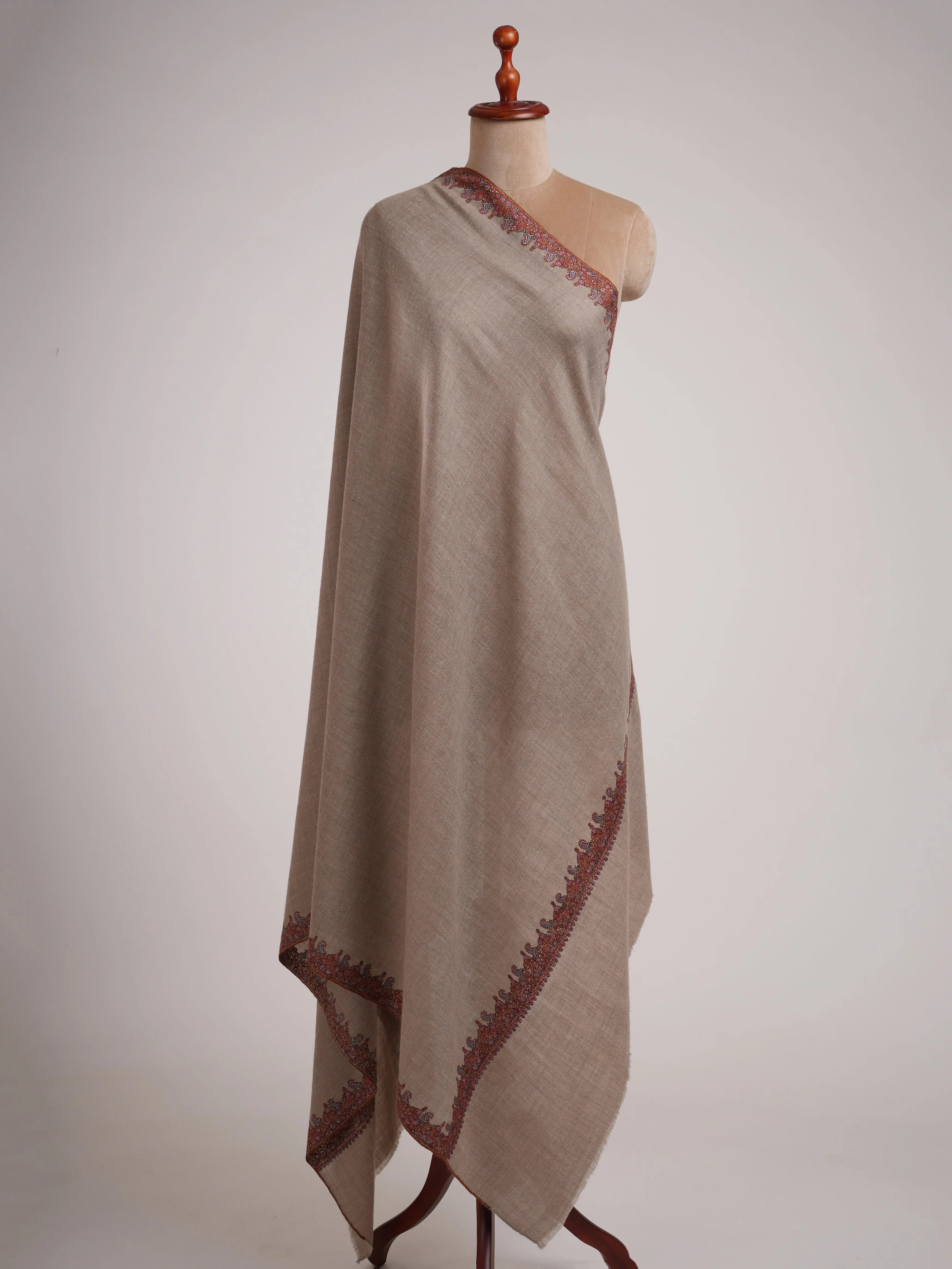 Taupe Traditional Neemdaur Pashmina Shawl Shahkaar