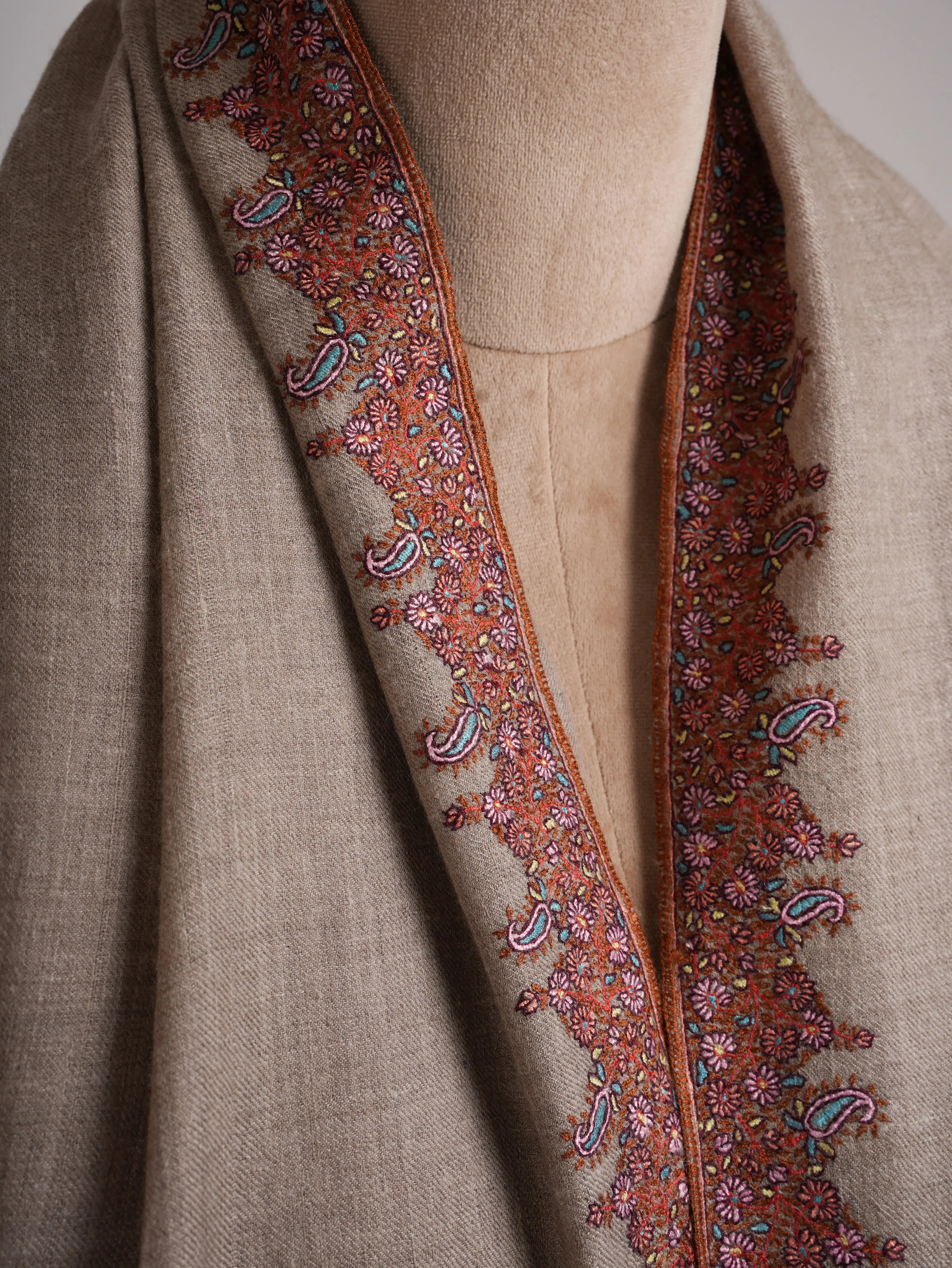 Taupe Traditional Neemdaur Pashmina Shawl Shahkaar