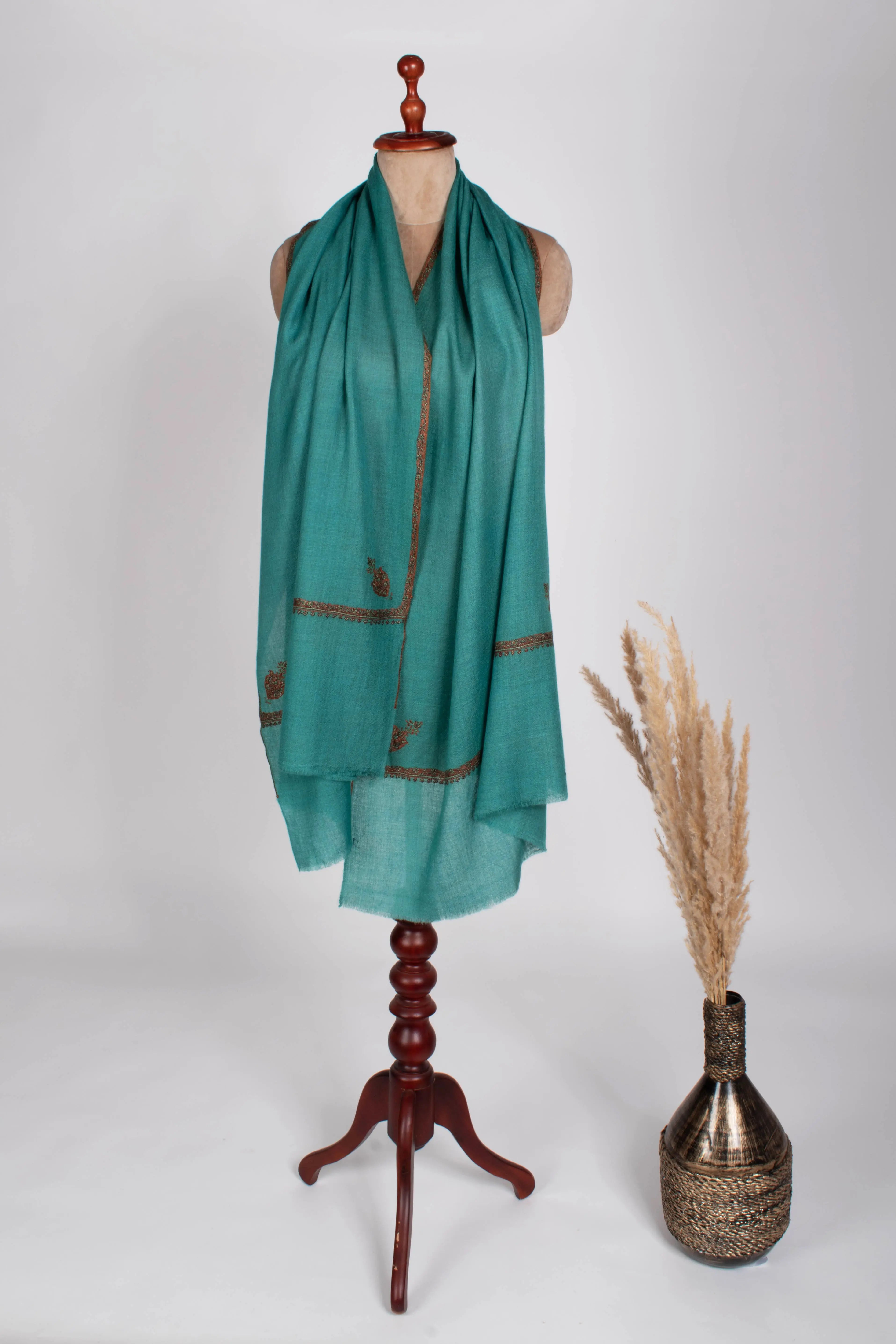 Teal Featherlight Cashmere Kashmiri Scarf - BARN Shahkaar