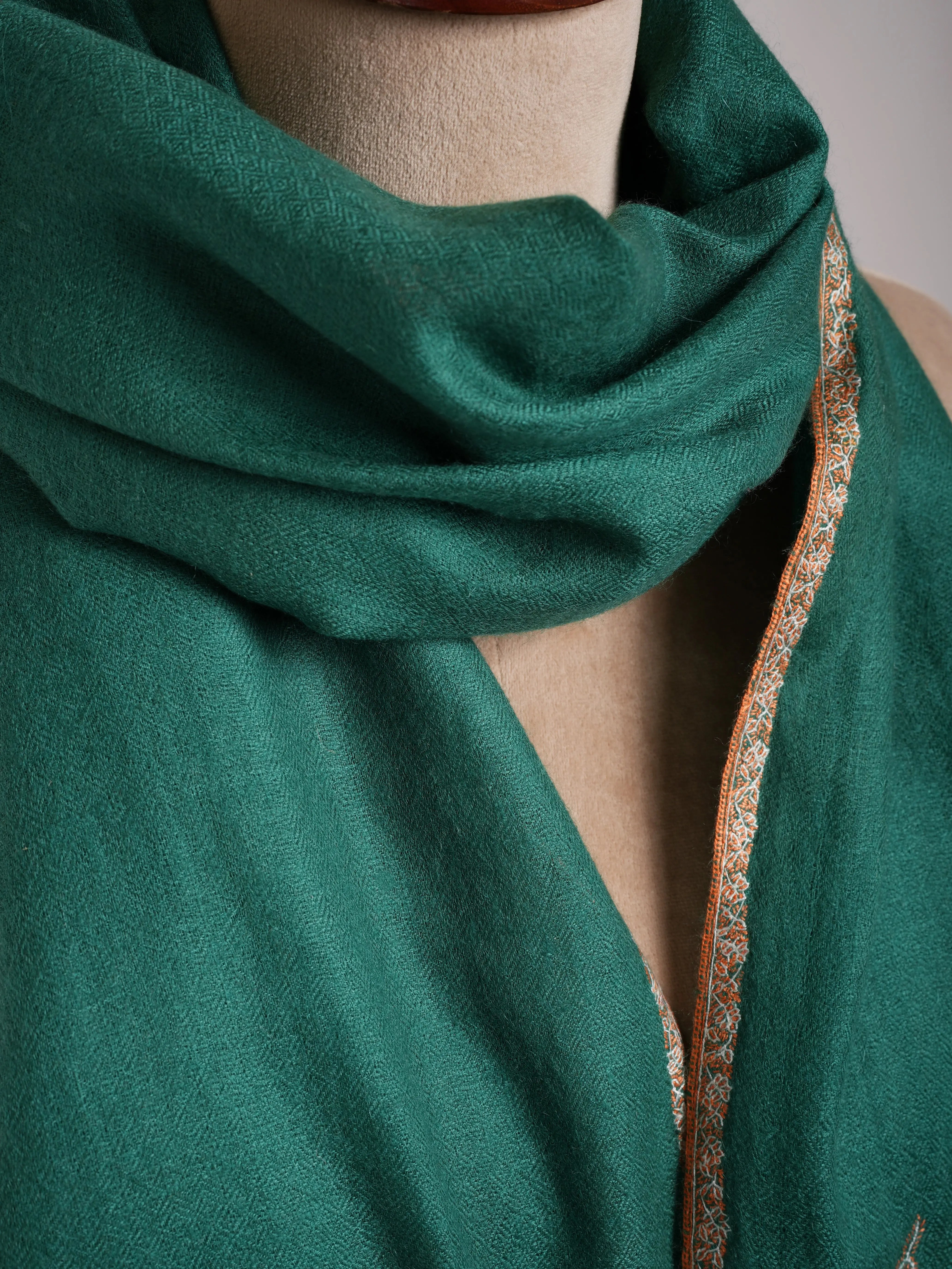 Teal Minimalistic Embroidered Cashmere Pashmina Scarf Shahkaar