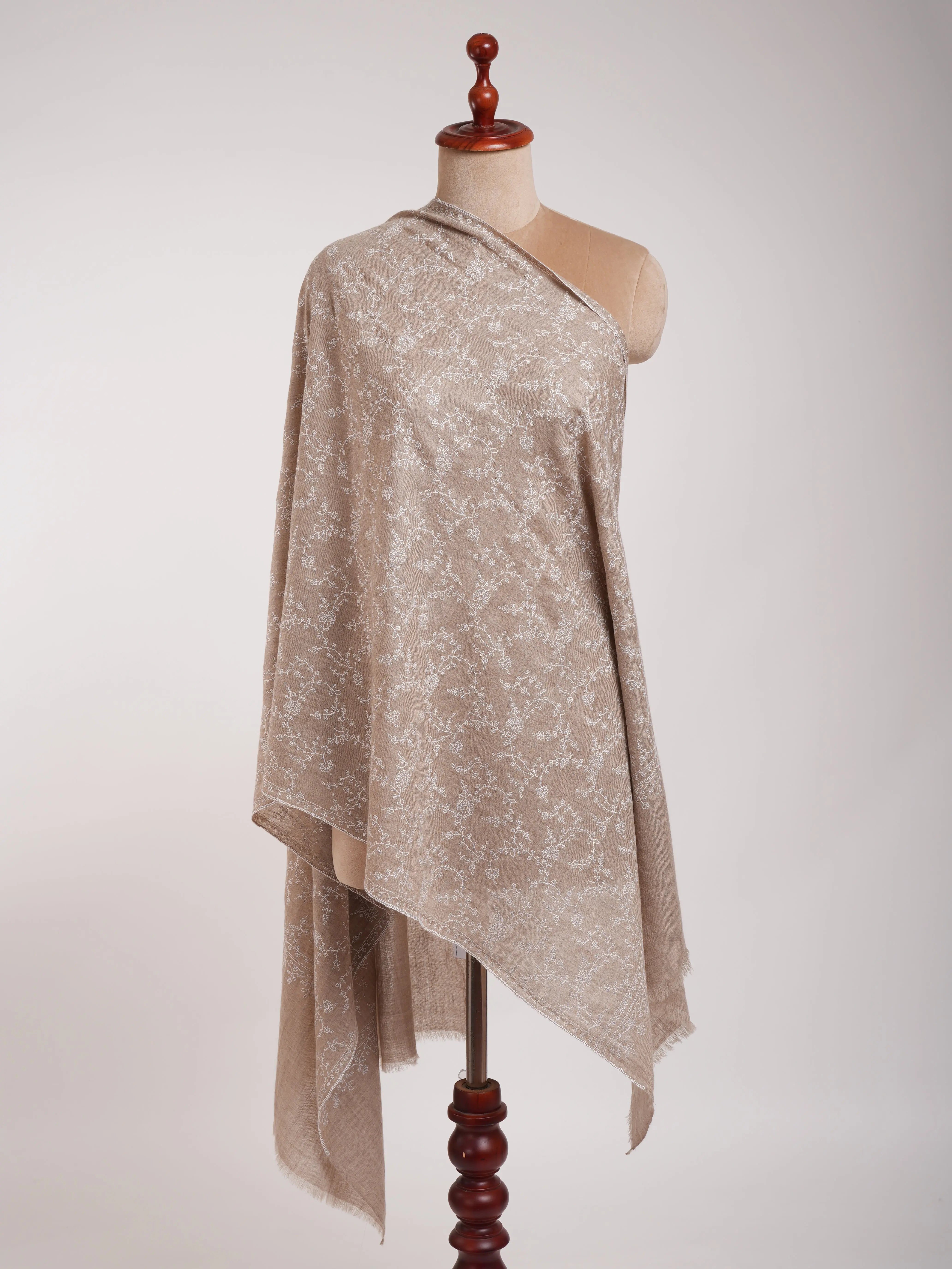 Thin Natural Grey Cashmere Scarf with White Sozni Embroidery Shahkaar