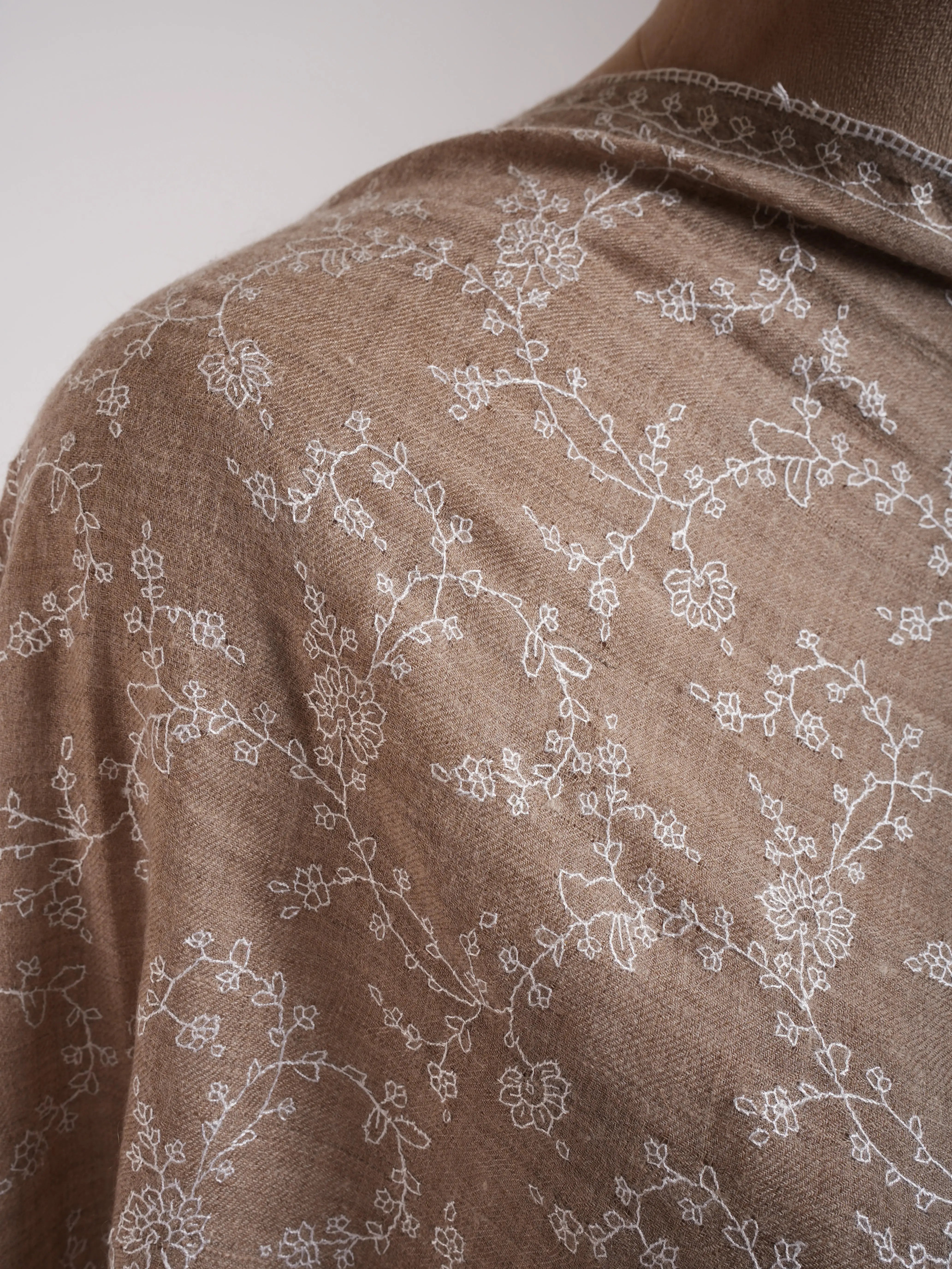 Thin Natural Grey Cashmere Scarf with White Sozni Embroidery Shahkaar