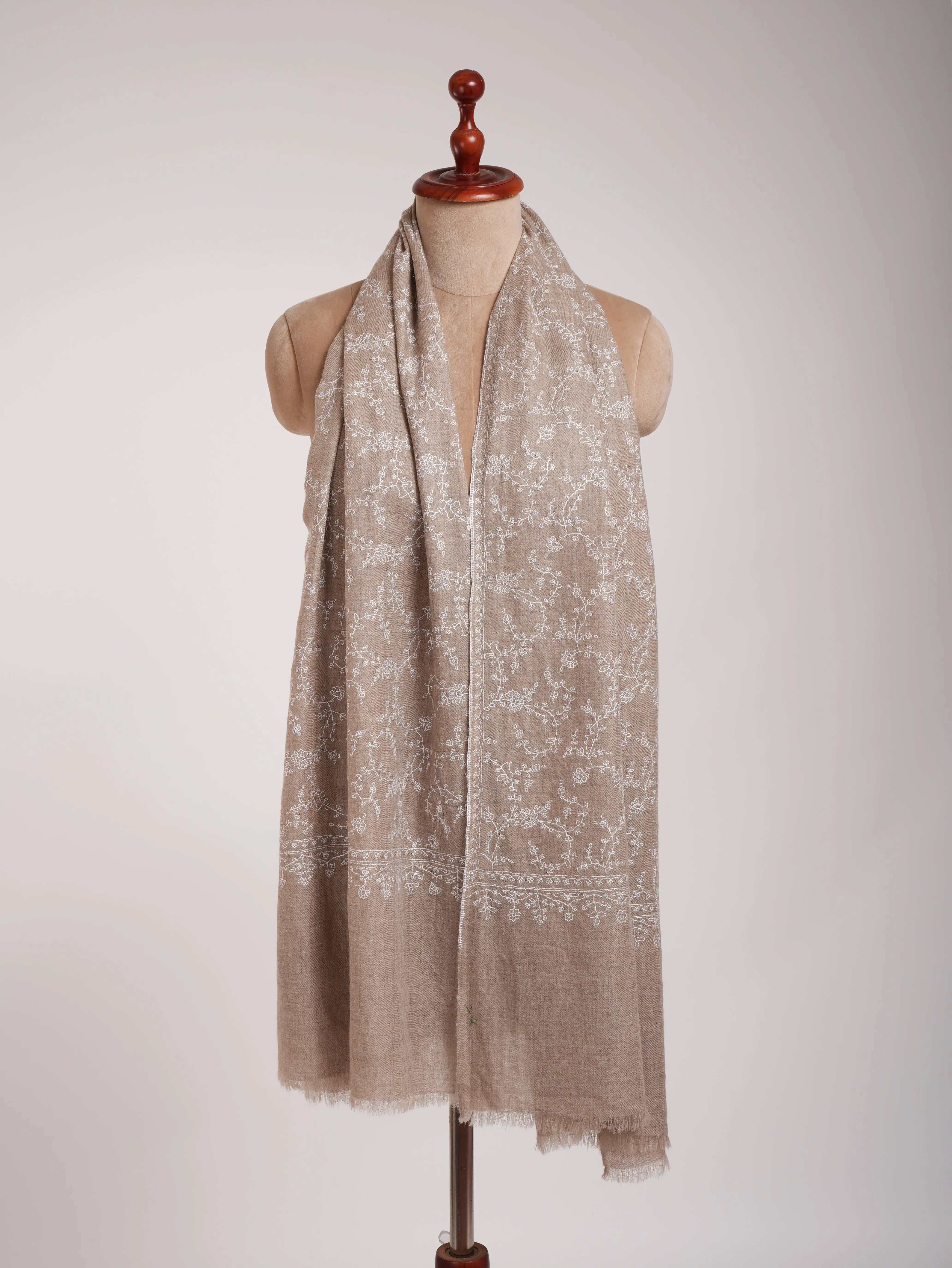 Thin Natural Grey Cashmere Scarf with White Sozni Embroidery Shahkaar