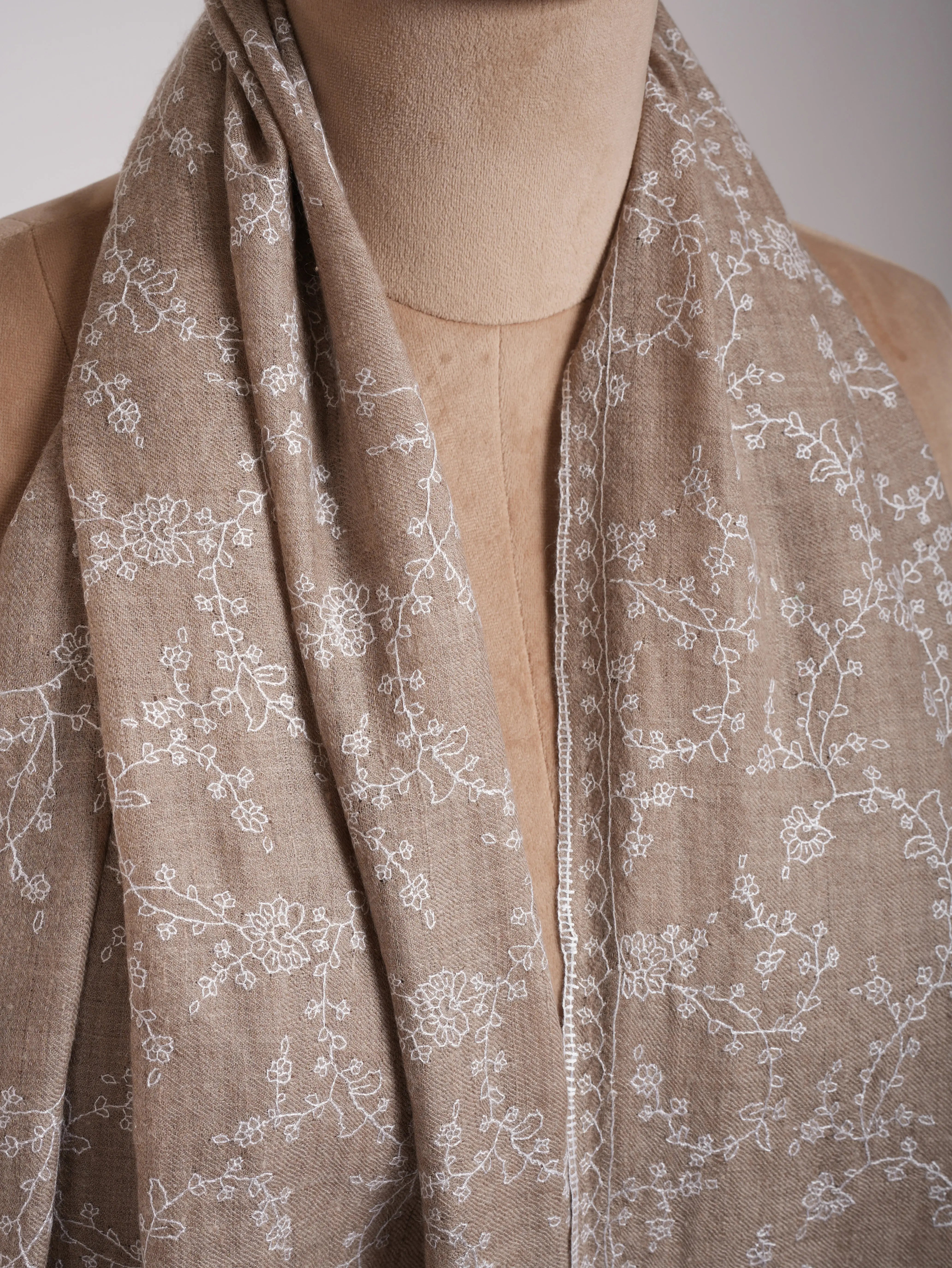 Thin Natural Grey Cashmere Scarf with White Sozni Embroidery Shahkaar