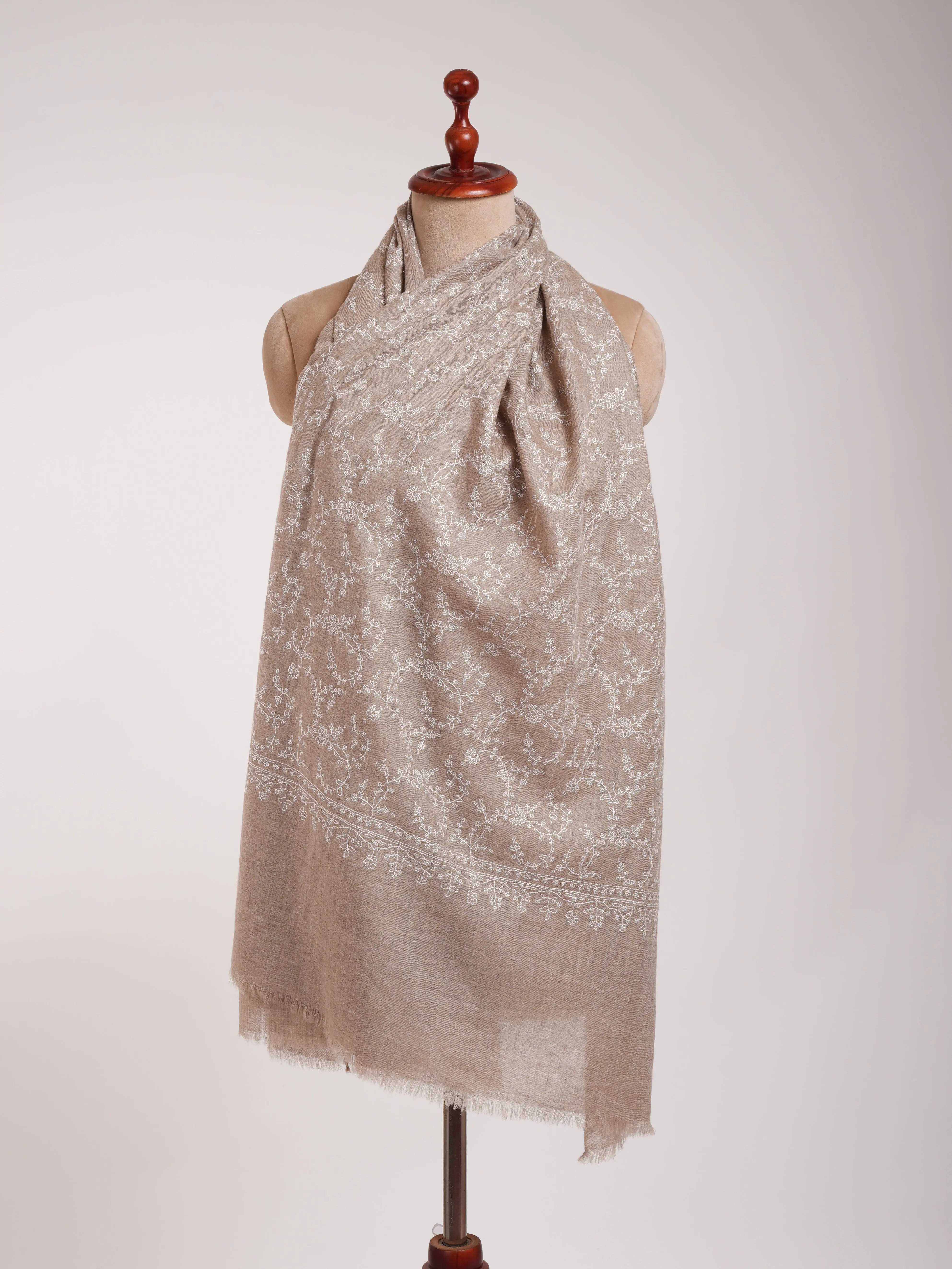 Thin Natural Grey Cashmere Scarf with White Sozni Embroidery Shahkaar