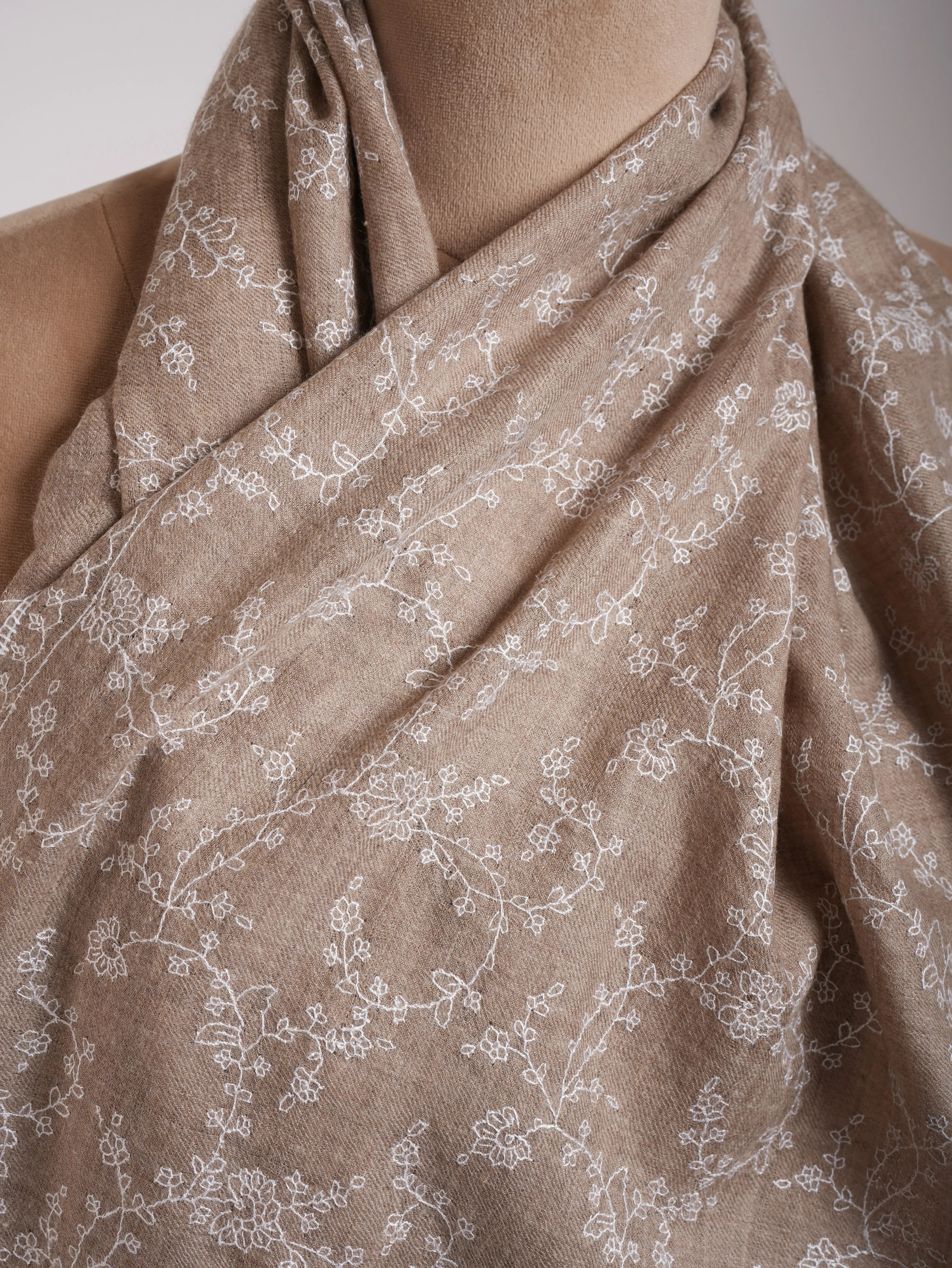 Thin Natural Grey Cashmere Scarf with White Sozni Embroidery Shahkaar