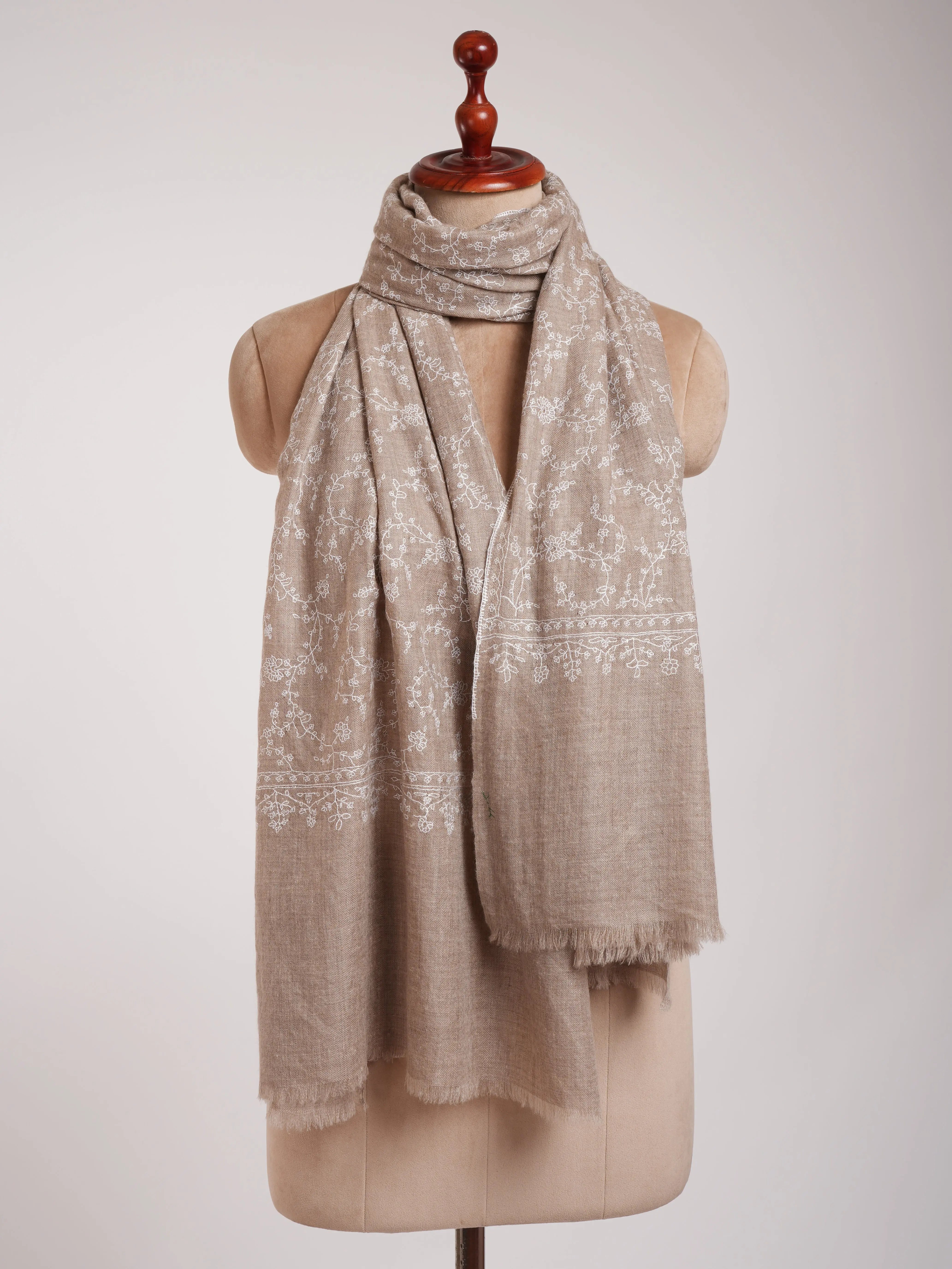 Thin Natural Grey Cashmere Scarf with White Sozni Embroidery Shahkaar