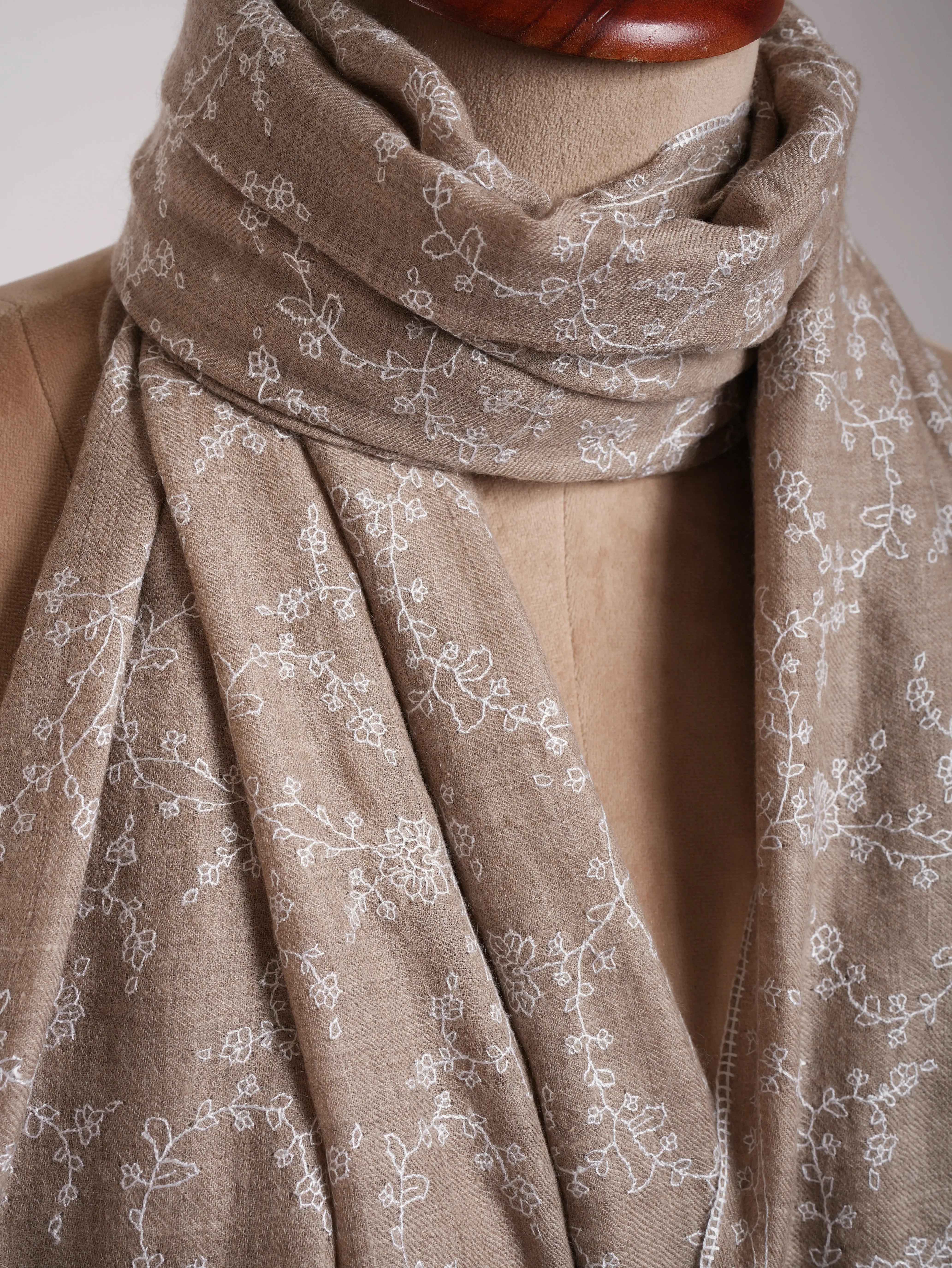 Thin Natural Grey Cashmere Scarf with White Sozni Embroidery Shahkaar