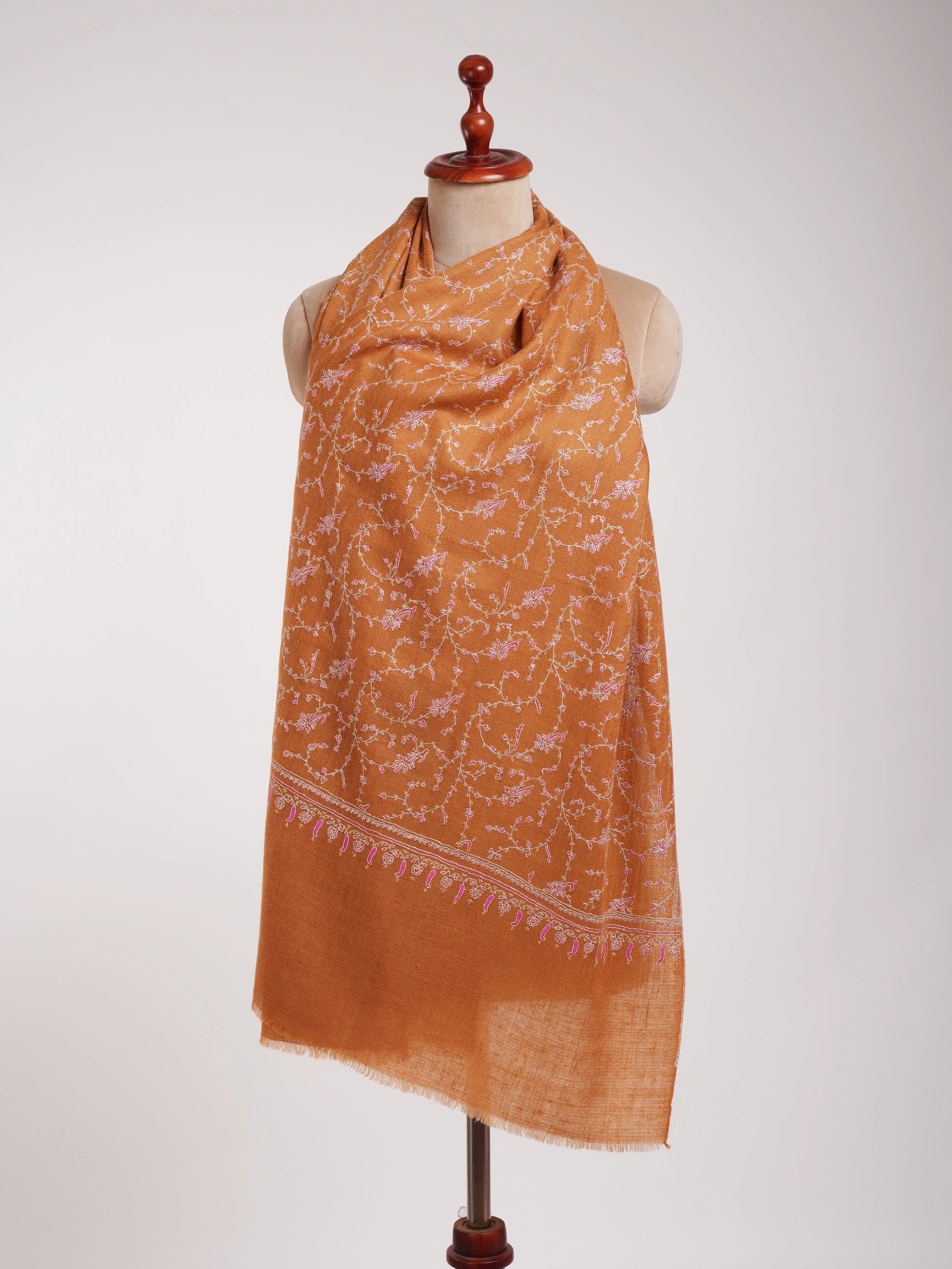 Tomato Cream Color Hand Embroidered Indian Cashmere Scarf Shahkaar