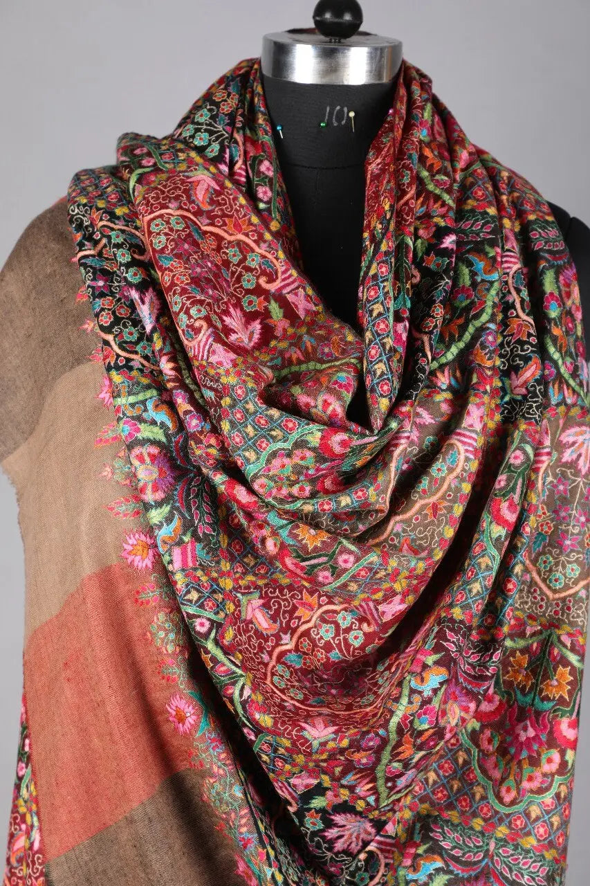 UP Hand Needle Embroidery Pure Pashmina Handwoven Shawl Shahkaar