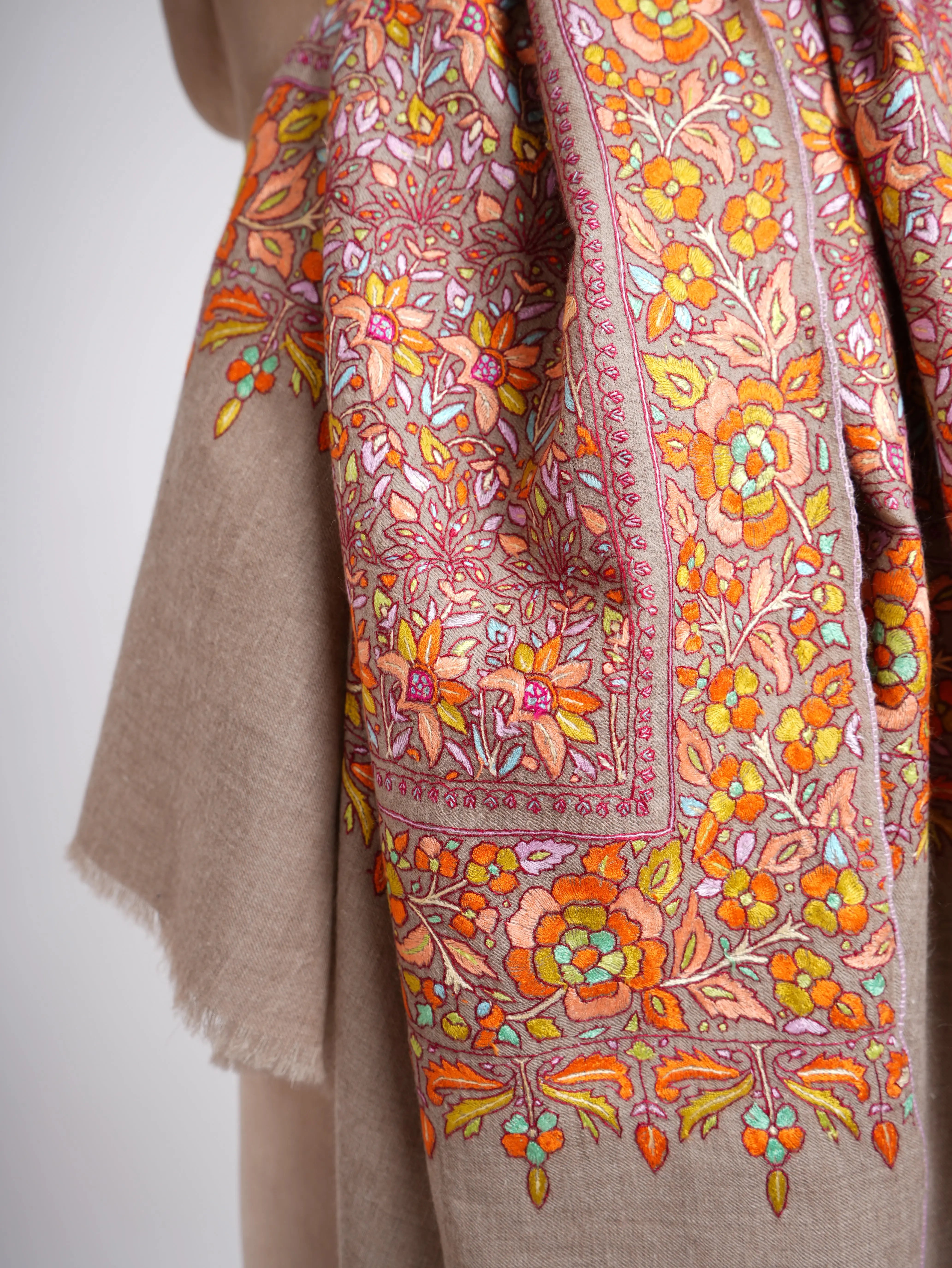 Warm Hue Bridal Hand Embroidered Pashmina Shawl Shahkaar