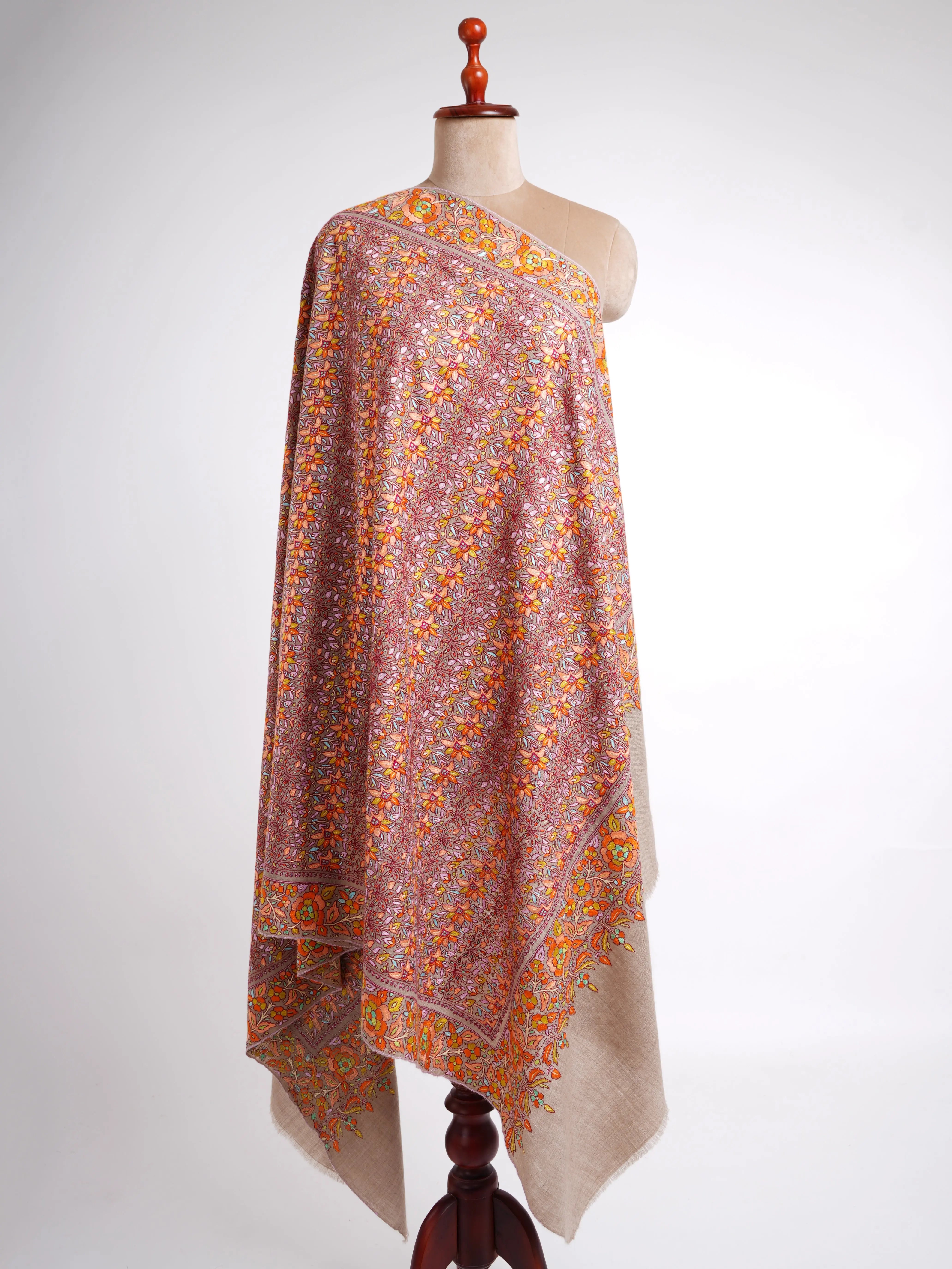 Warm Hue Bridal Hand Embroidered Pashmina Shawl Shahkaar