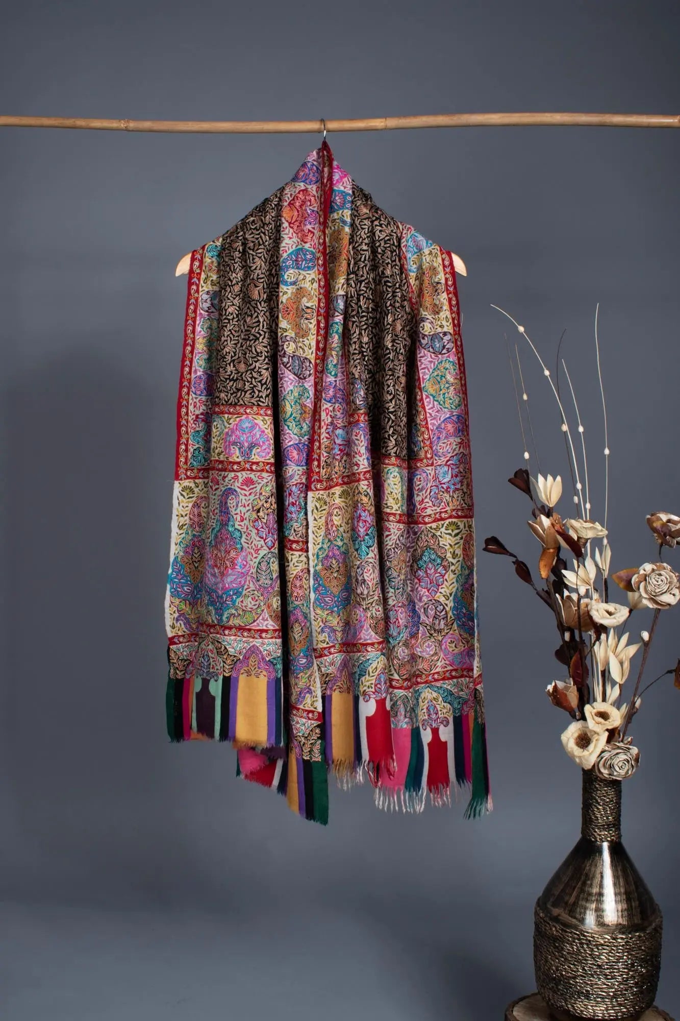 Warm and Artistic Hand painted and Embroidered Pashmina Shawl - CUMILLA Shahkaar