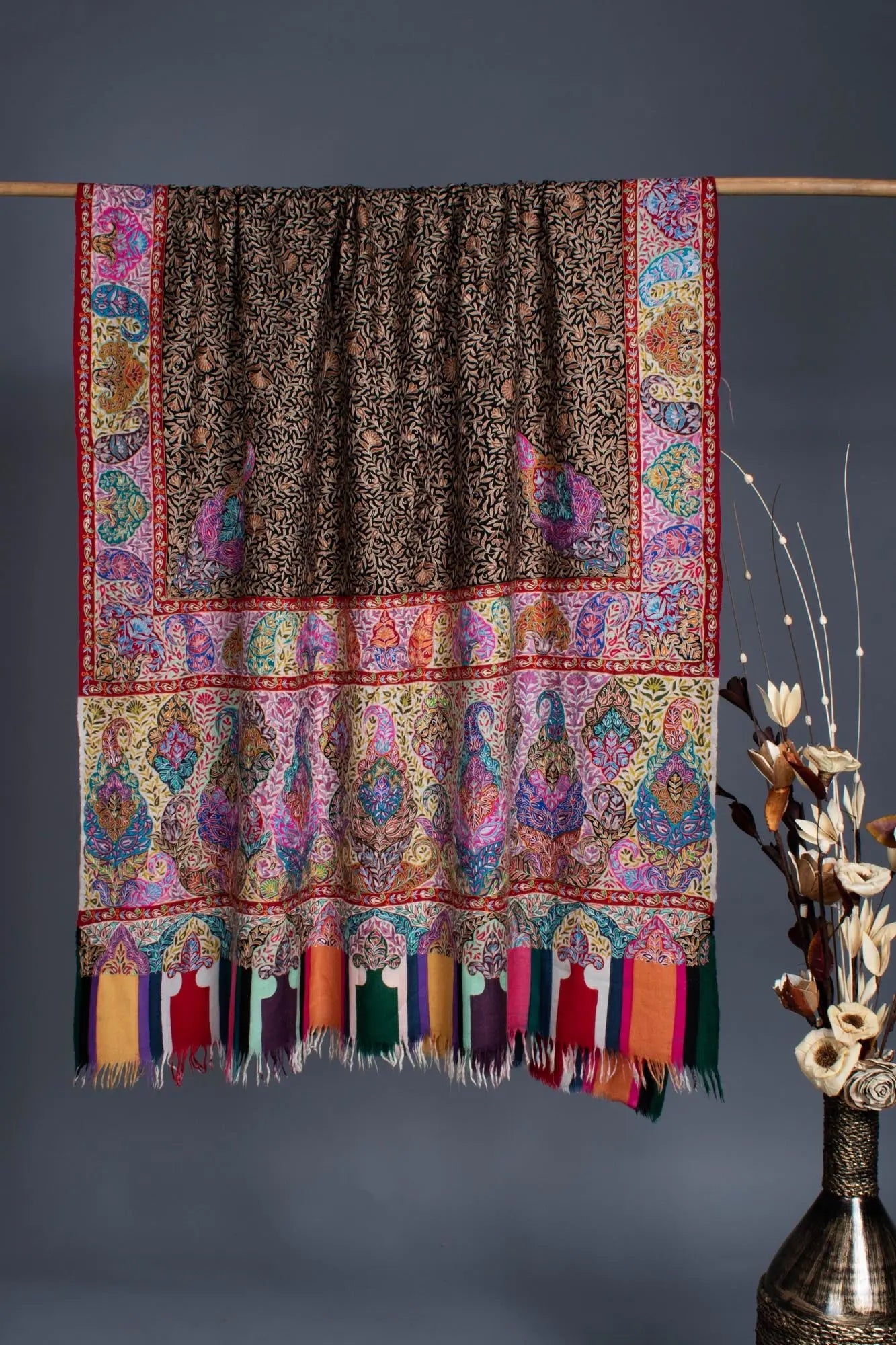 Warm and Artistic Hand painted and Embroidered Pashmina Shawl - CUMILLA Shahkaar