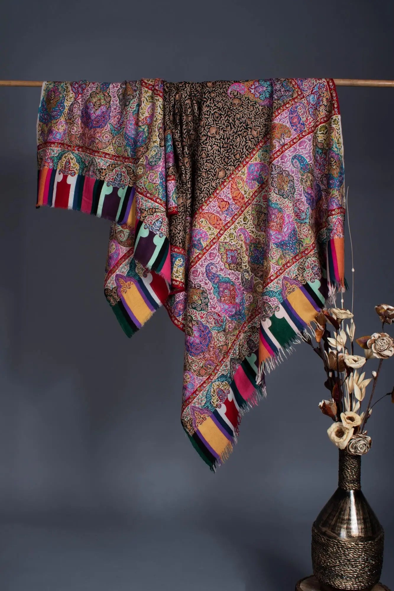 Warm and Artistic Hand painted and Embroidered Pashmina Shawl - CUMILLA Shahkaar