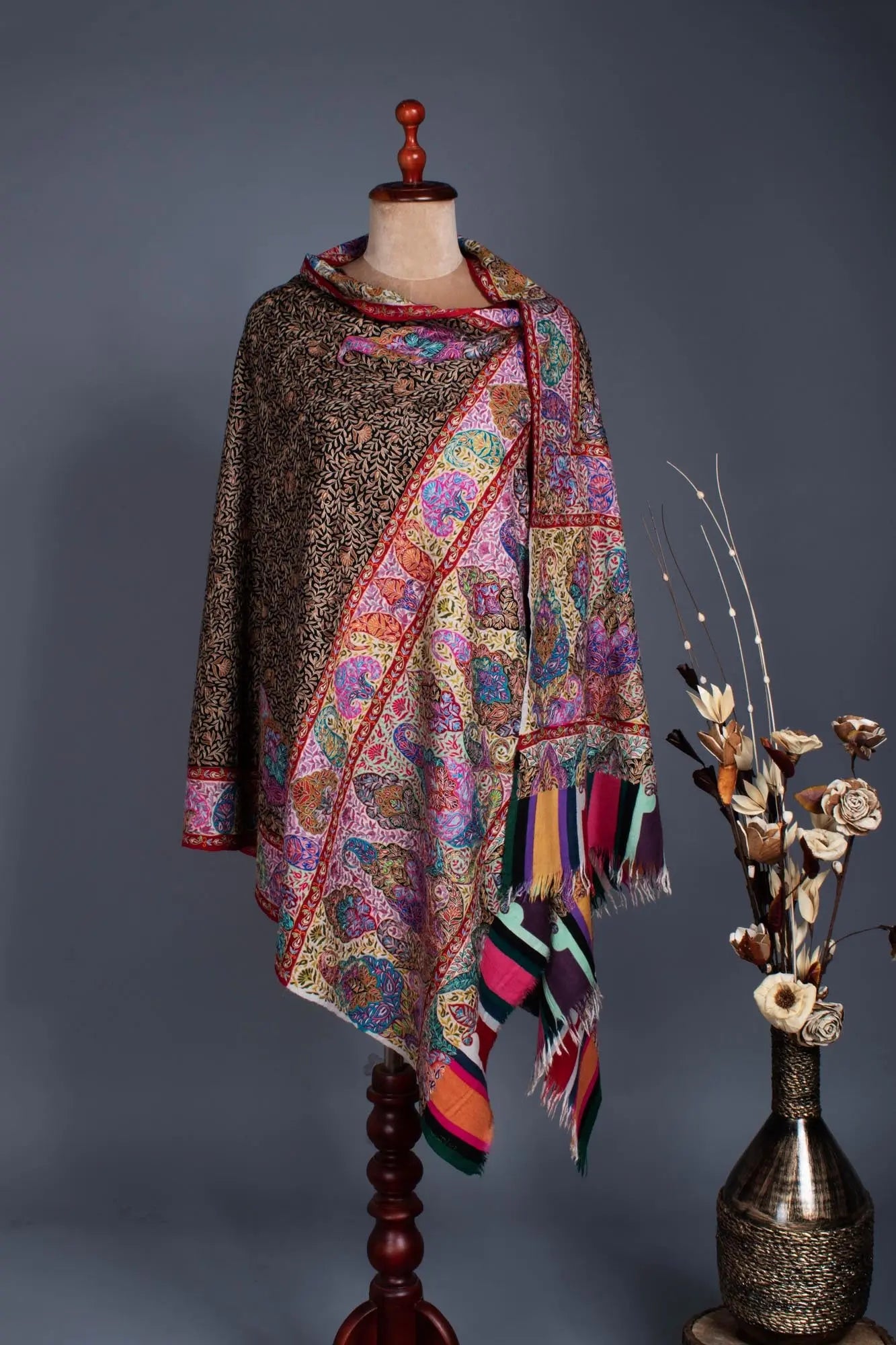 Warm and Artistic Hand painted and Embroidered Pashmina Shawl - CUMILLA Shahkaar