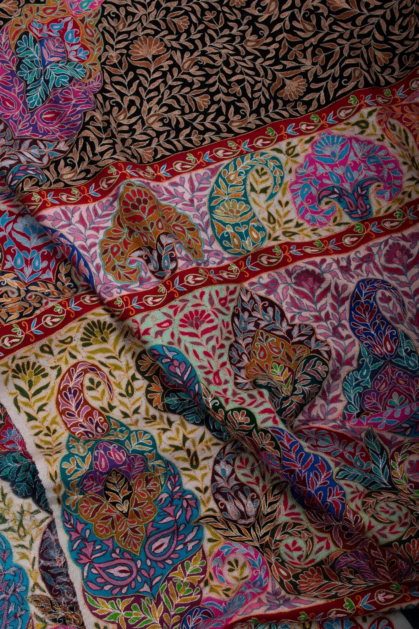 Warm and Artistic Hand painted and Embroidered Pashmina Shawl - CUMILLA Shahkaar