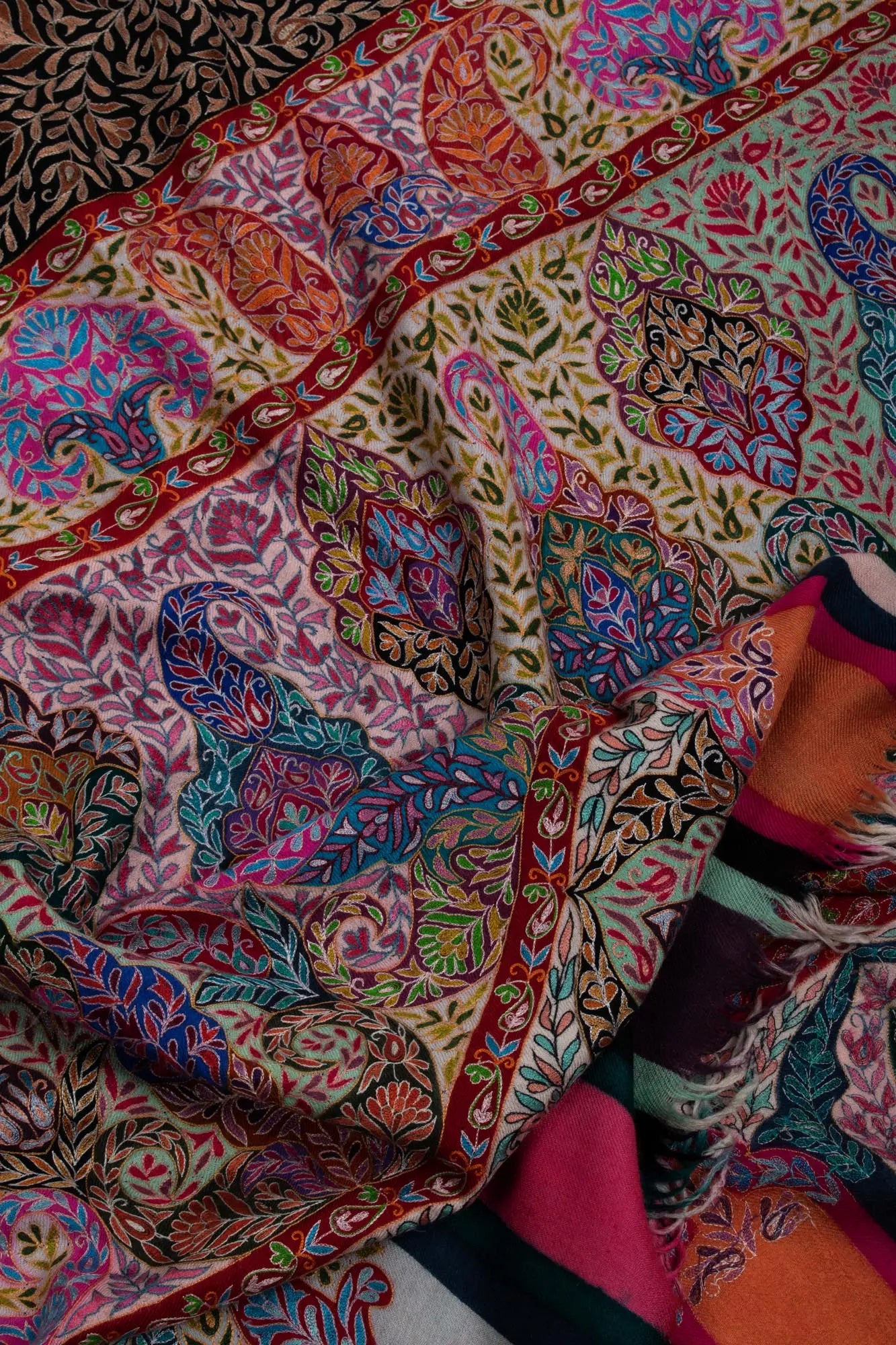 Warm and Artistic Hand painted and Embroidered Pashmina Shawl - CUMILLA Shahkaar