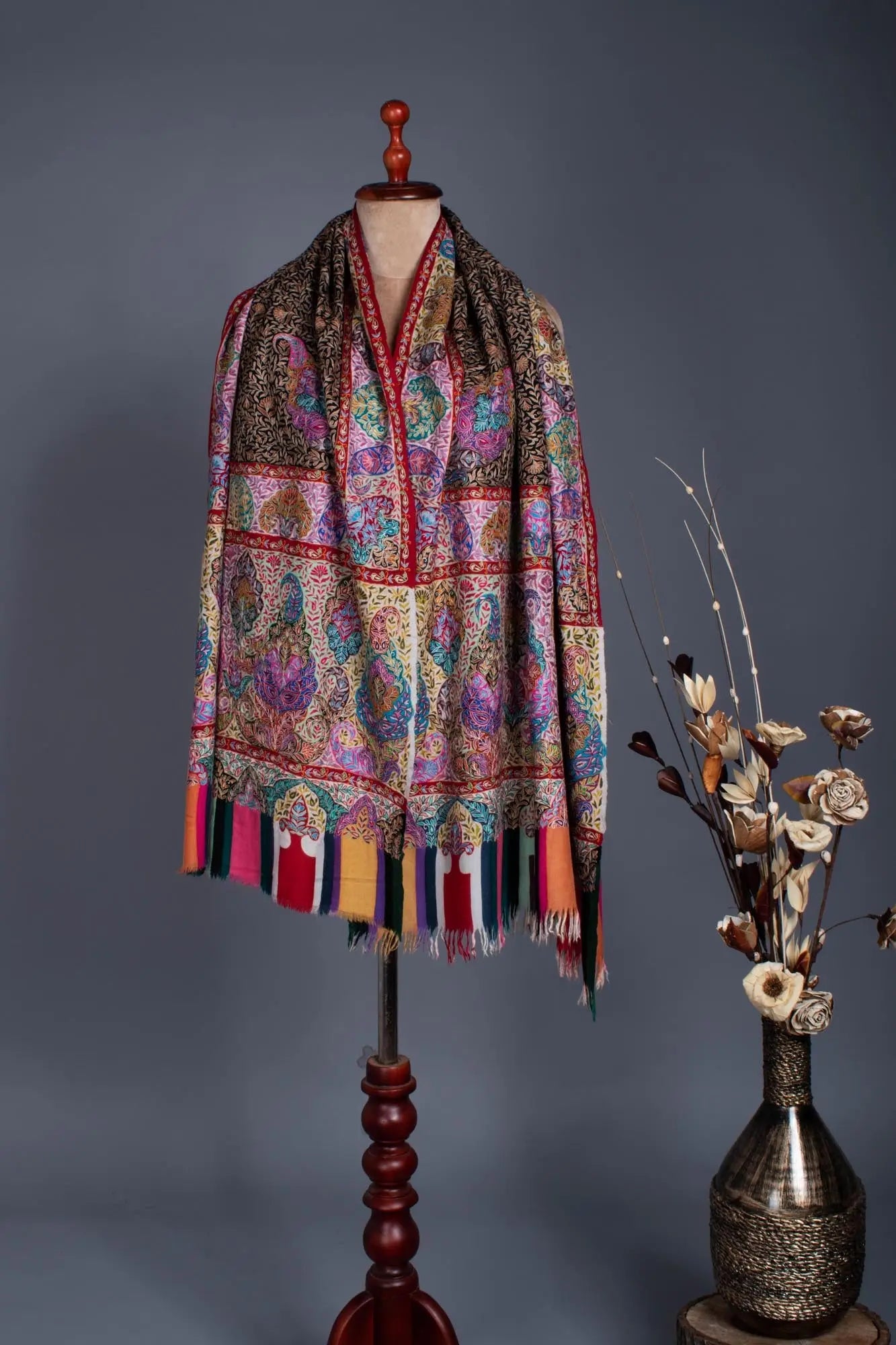 Warm and Artistic Hand painted and Embroidered Pashmina Shawl - CUMILLA Shahkaar