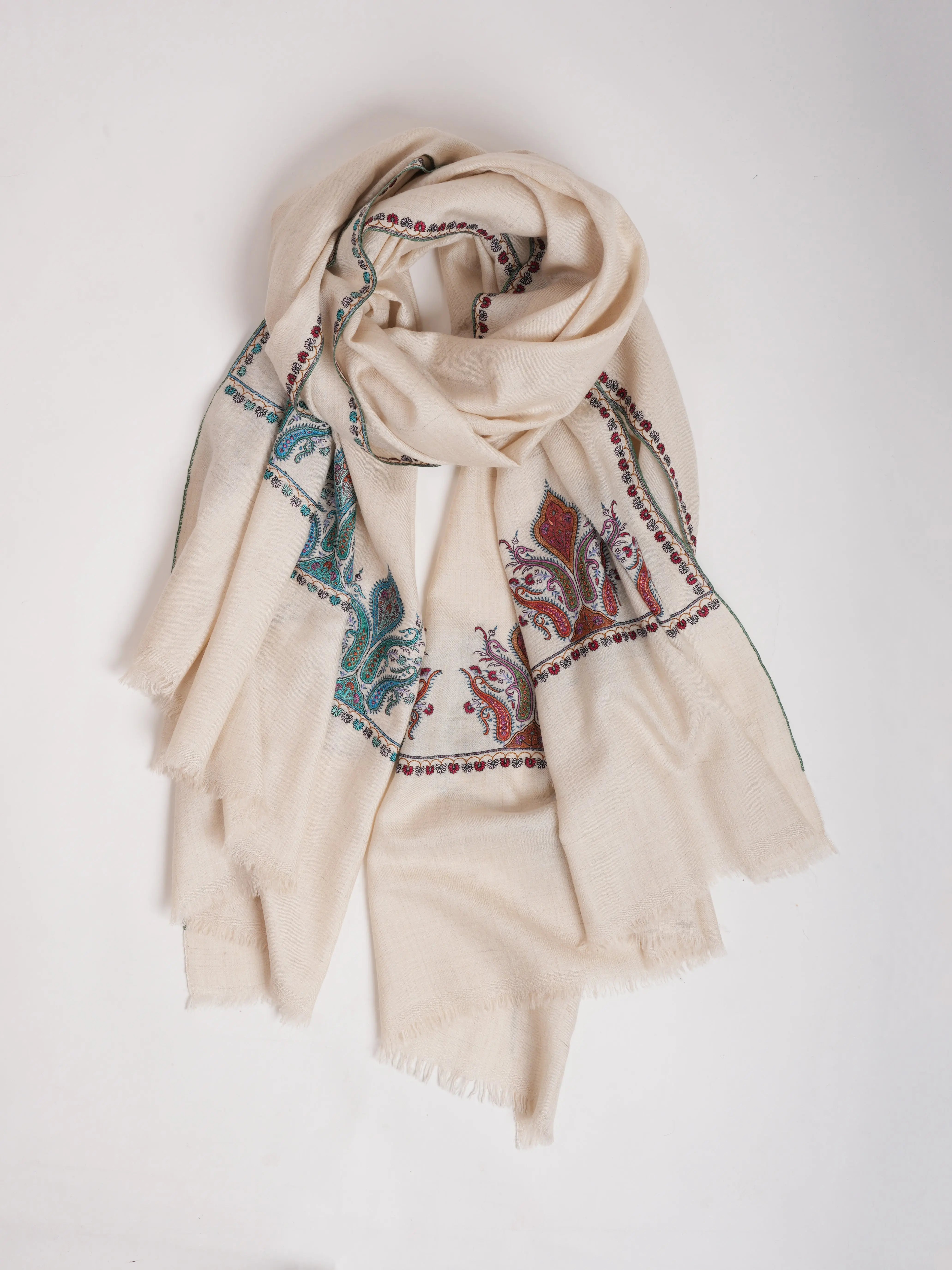 White Aksi Palla Embroidered  Pashmina Shawl Shahkaar