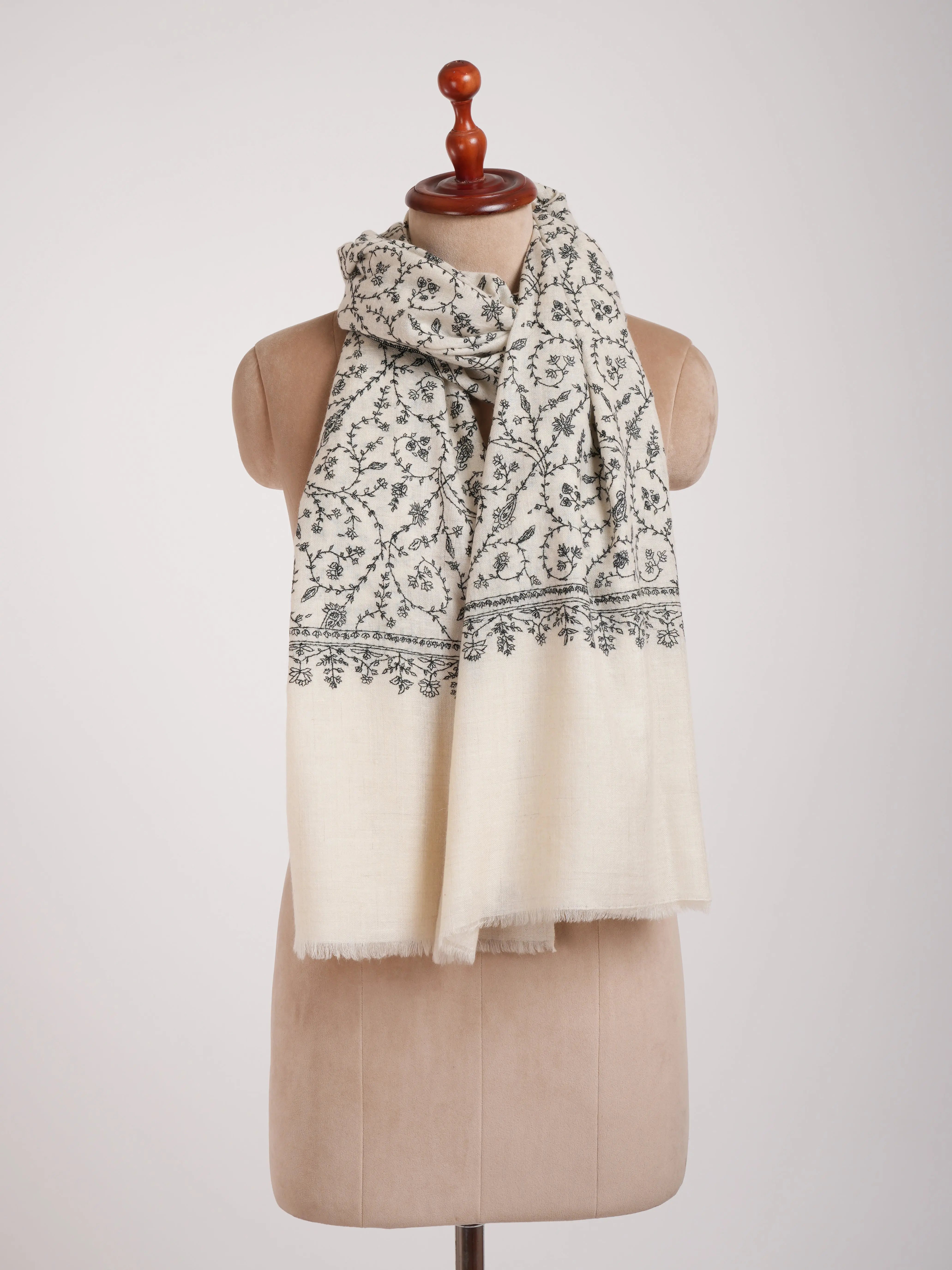 White Cashmere Stole with Black Sozni Embroidered Stole Shahkaar