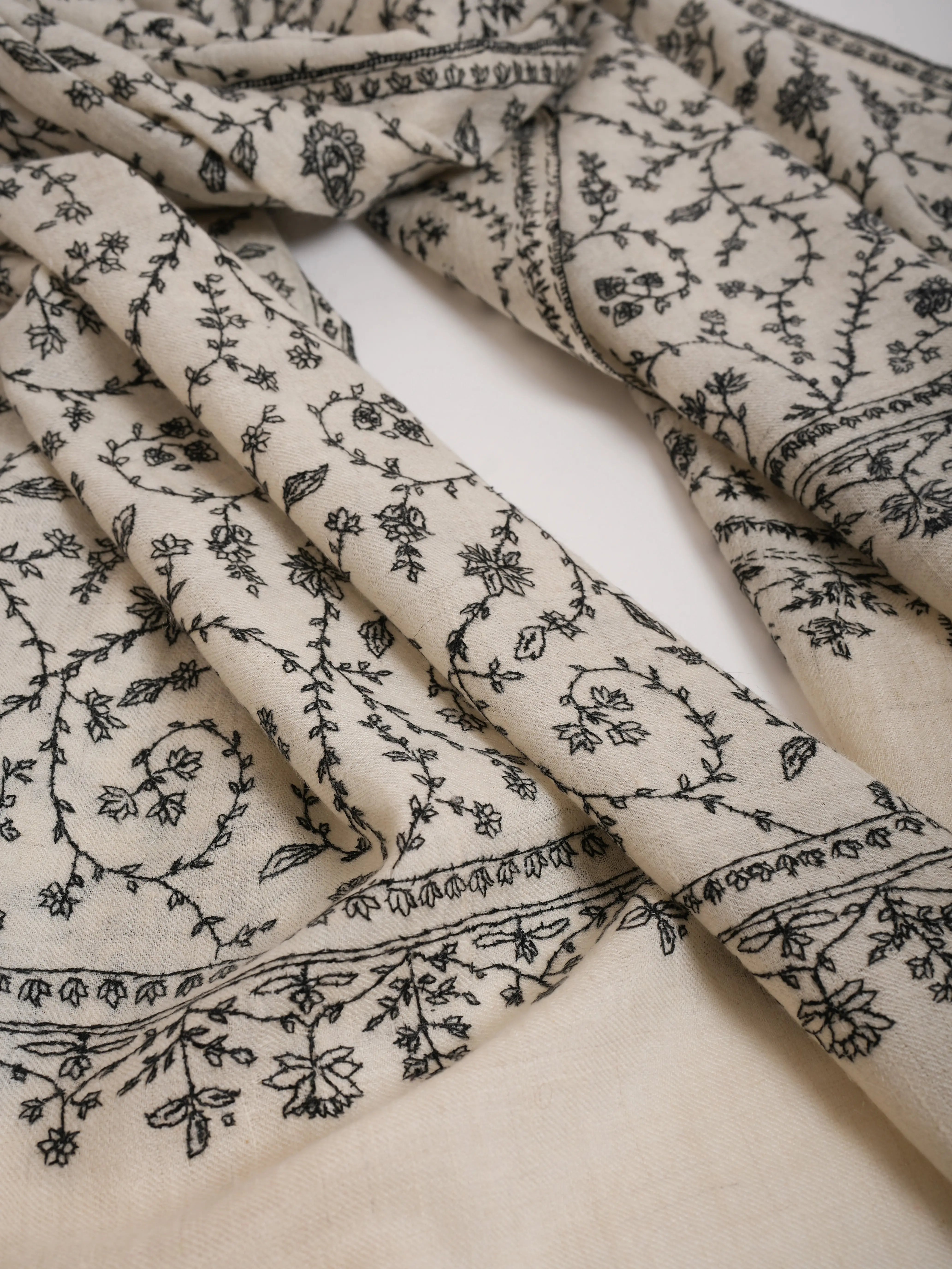 White Cashmere Stole with Black Sozni Embroidered Stole Shahkaar