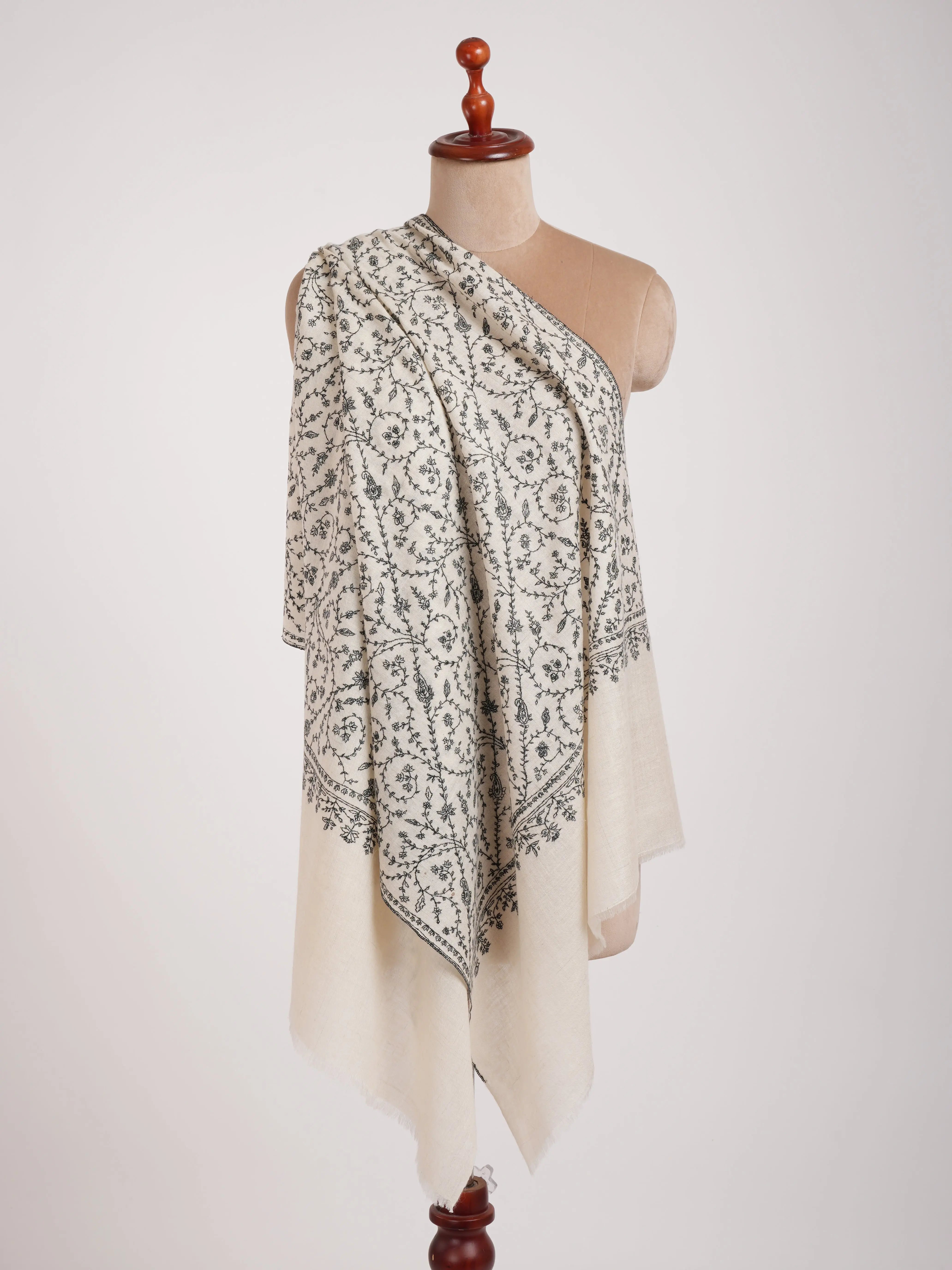 White Cashmere Stole with Black Sozni Embroidered Stole Shahkaar