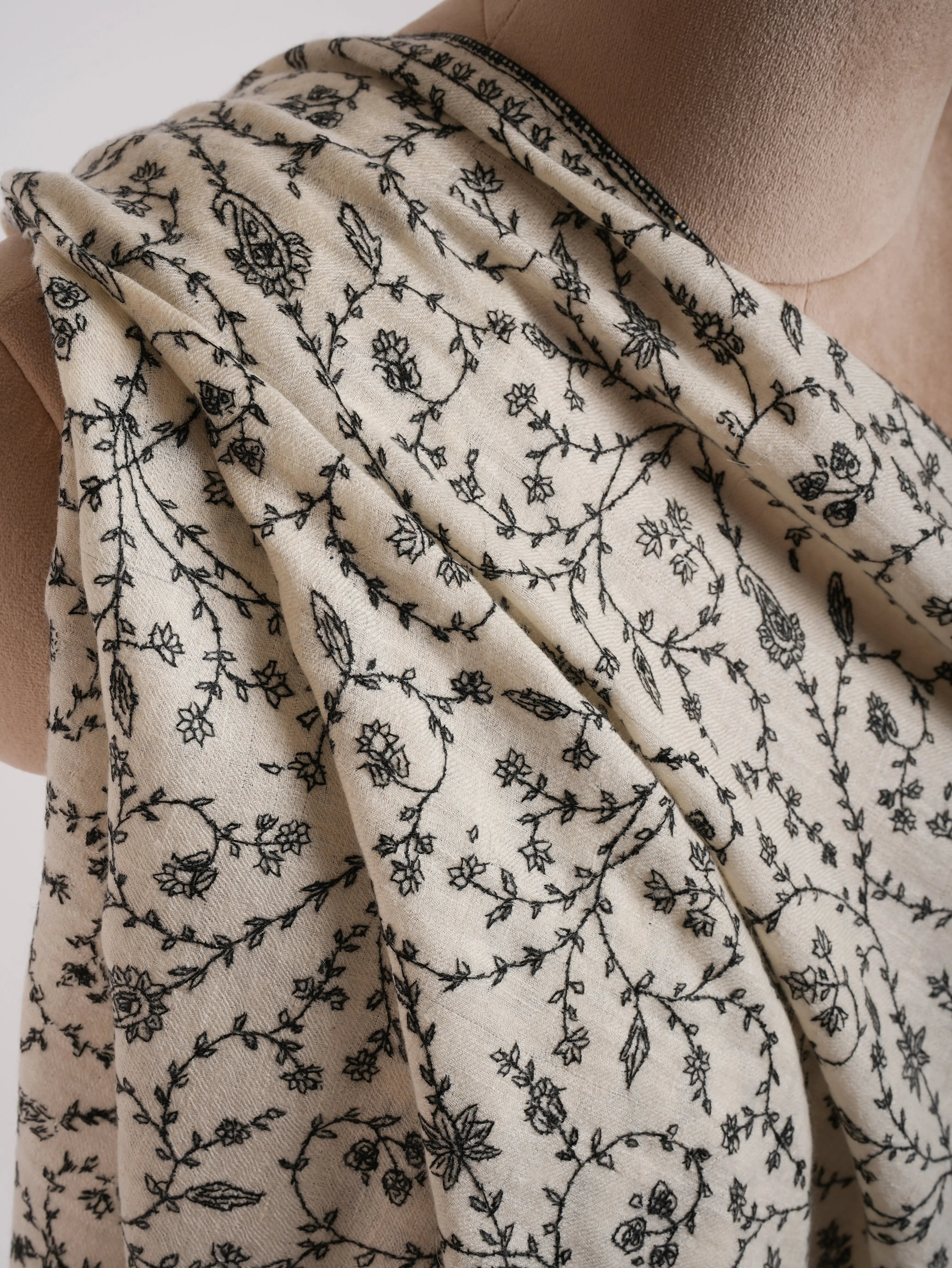 White Cashmere Stole with Black Sozni Embroidered Stole Shahkaar