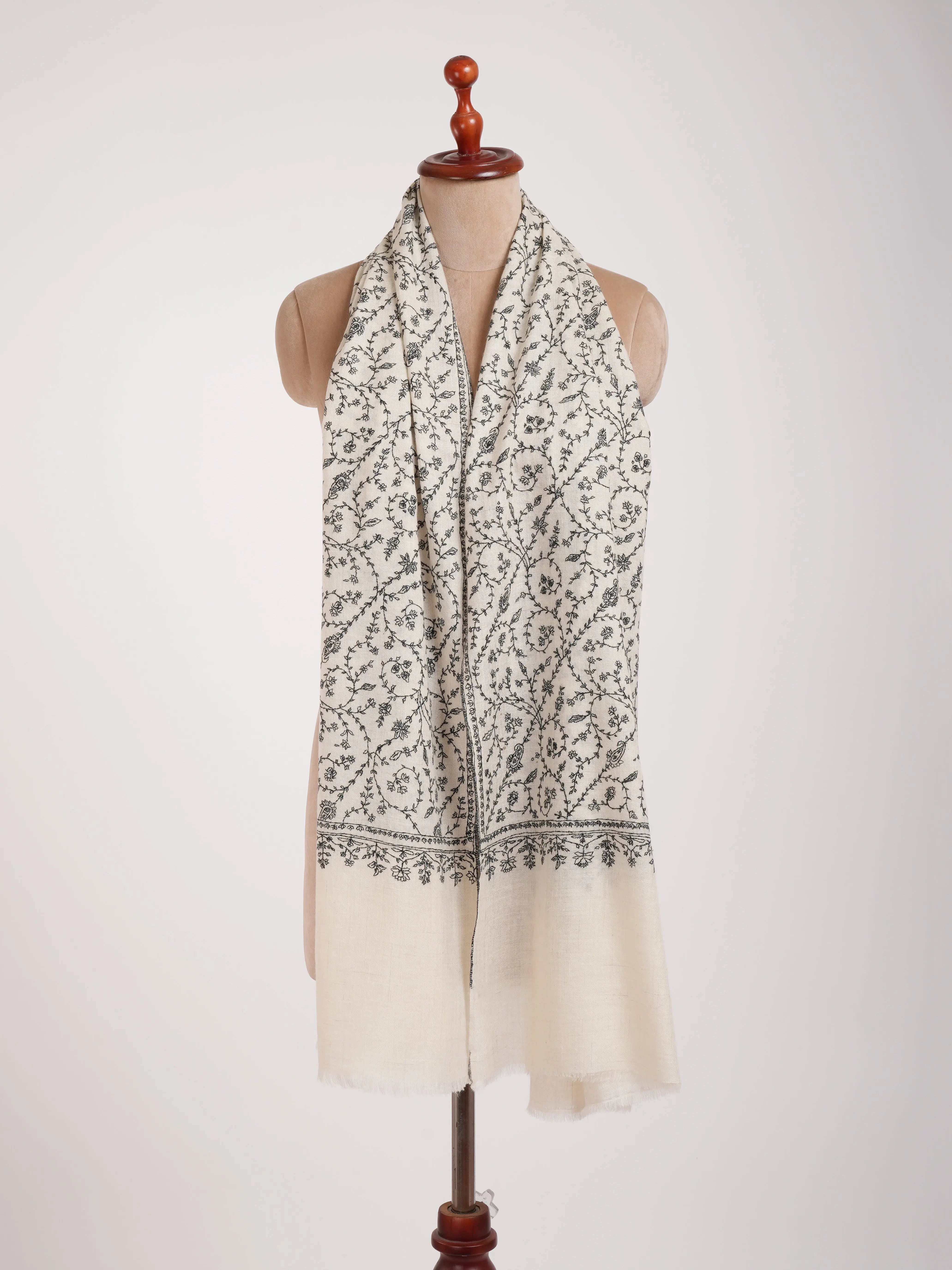 White Cashmere Stole with Black Sozni Embroidered Stole Shahkaar