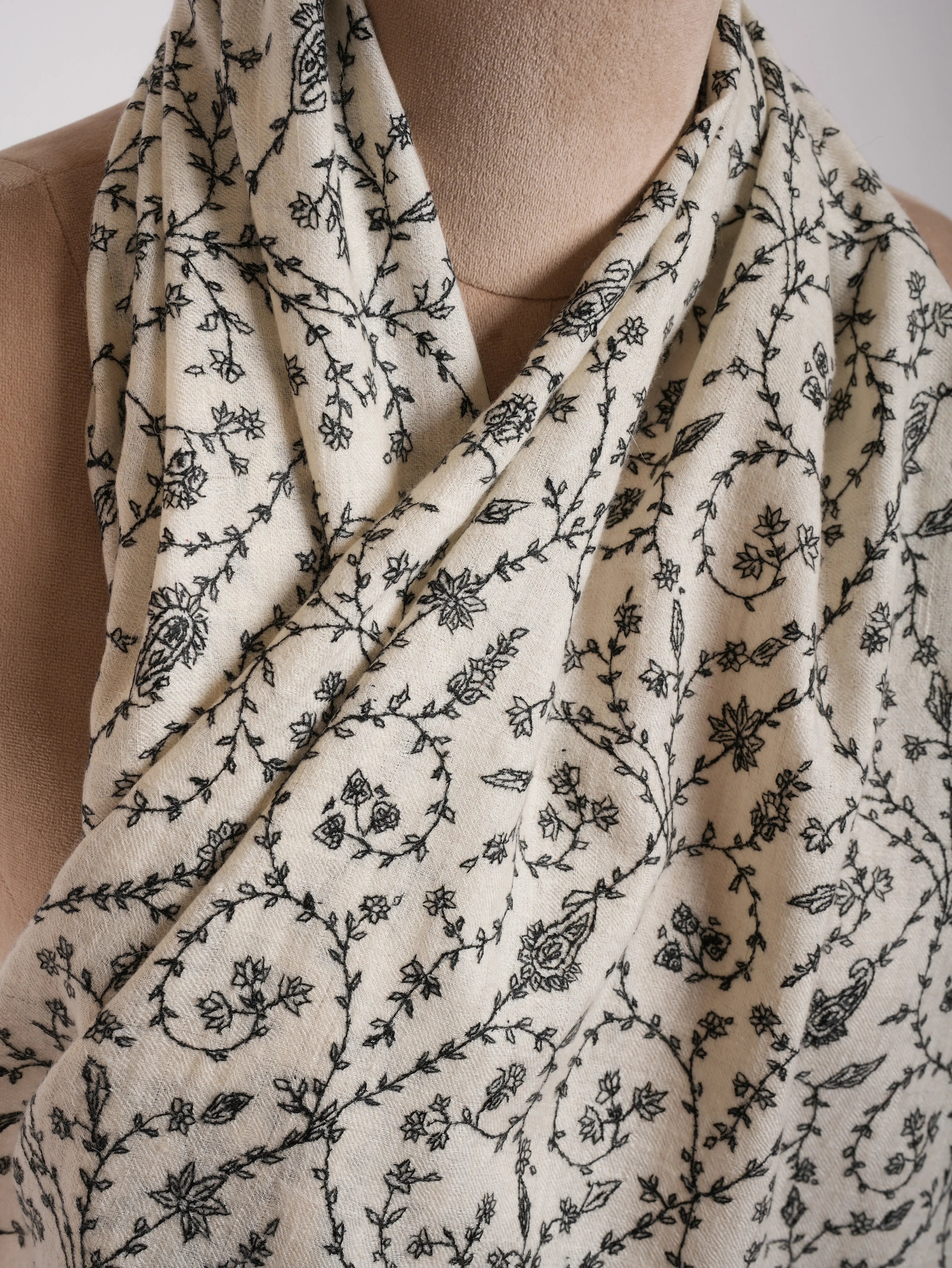 White Cashmere Stole with Black Sozni Embroidered Stole Shahkaar