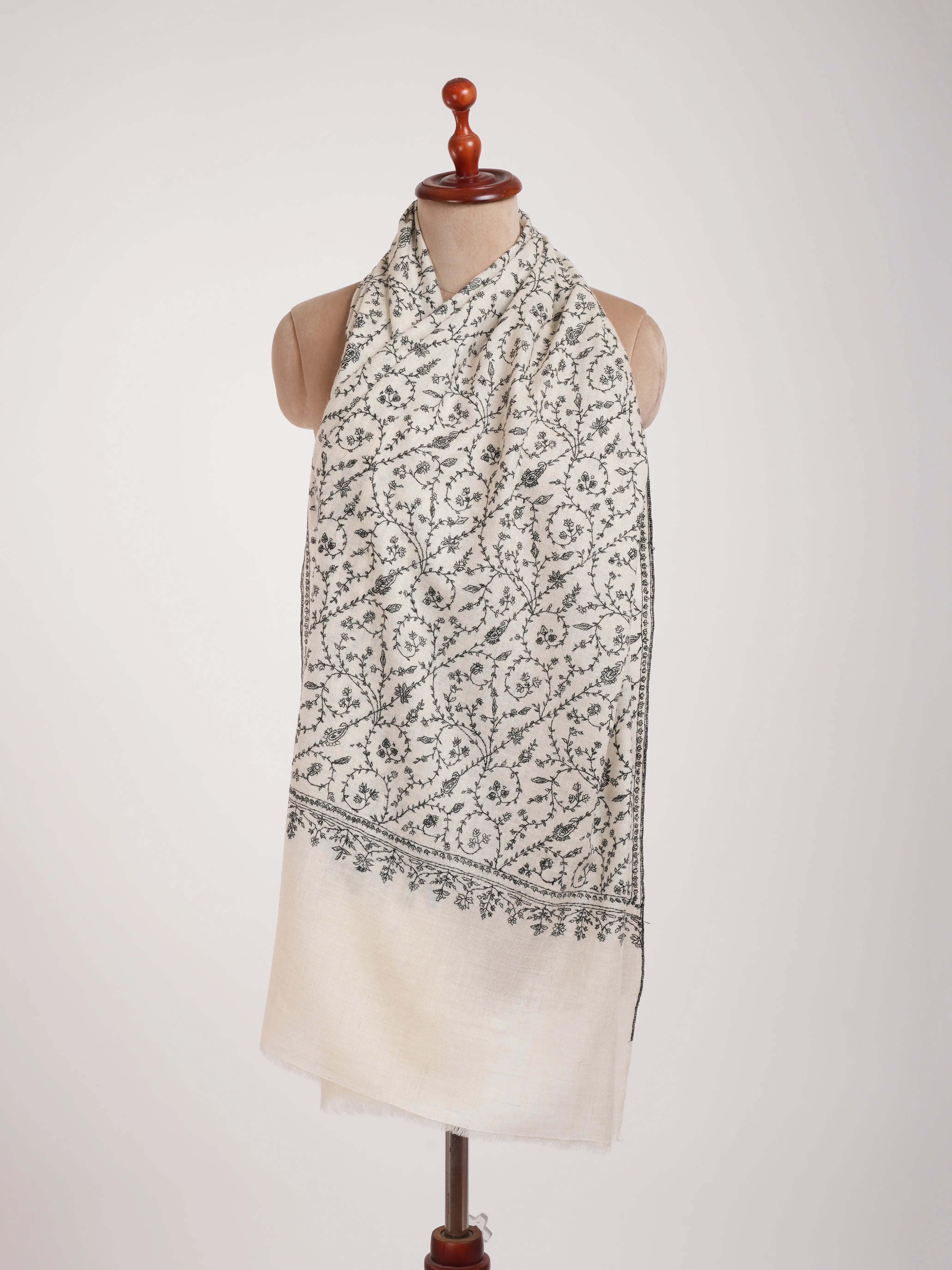 White Cashmere Stole with Black Sozni Embroidered Stole Shahkaar