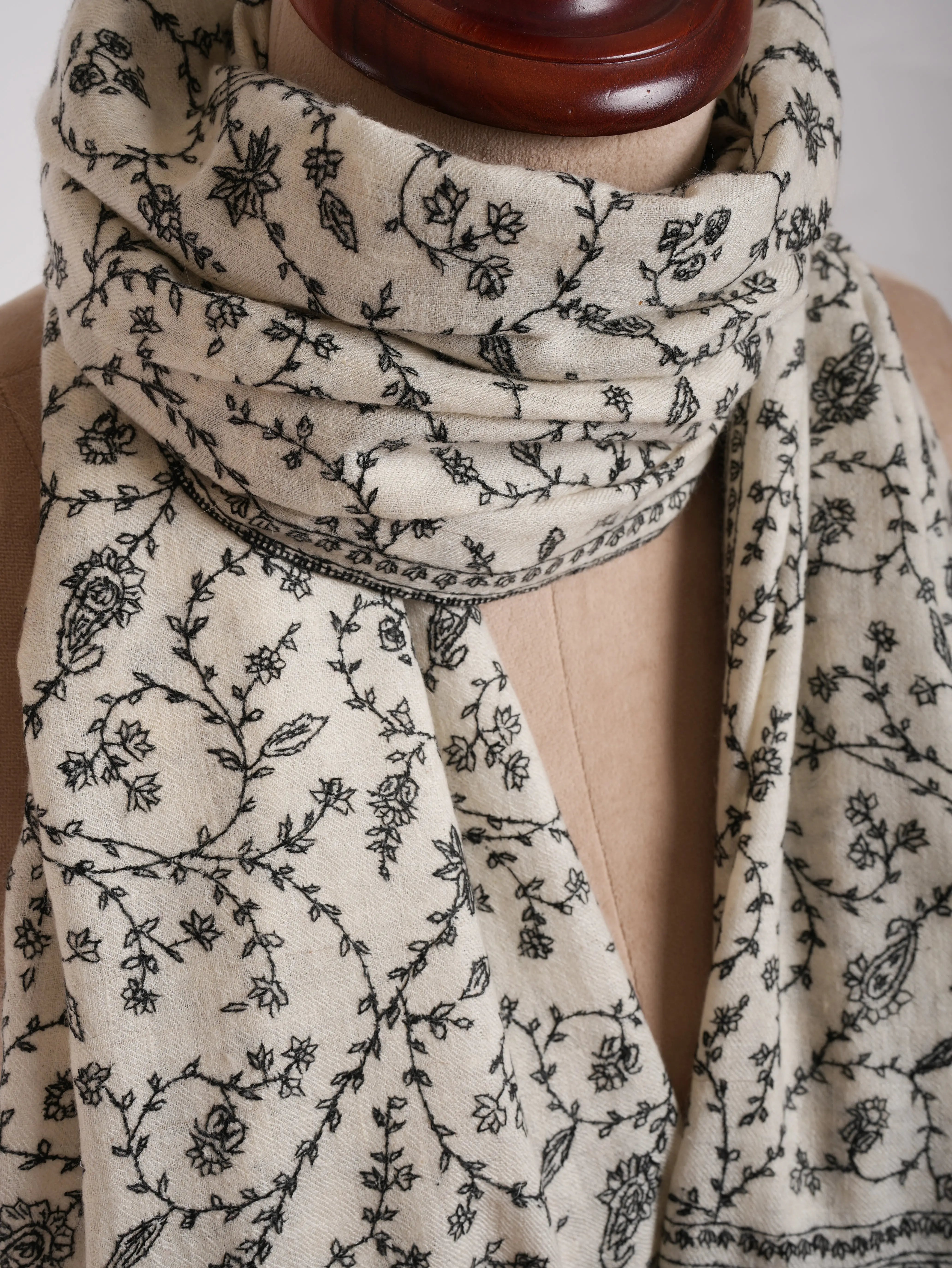 White Cashmere Stole with Black Sozni Embroidered Stole Shahkaar