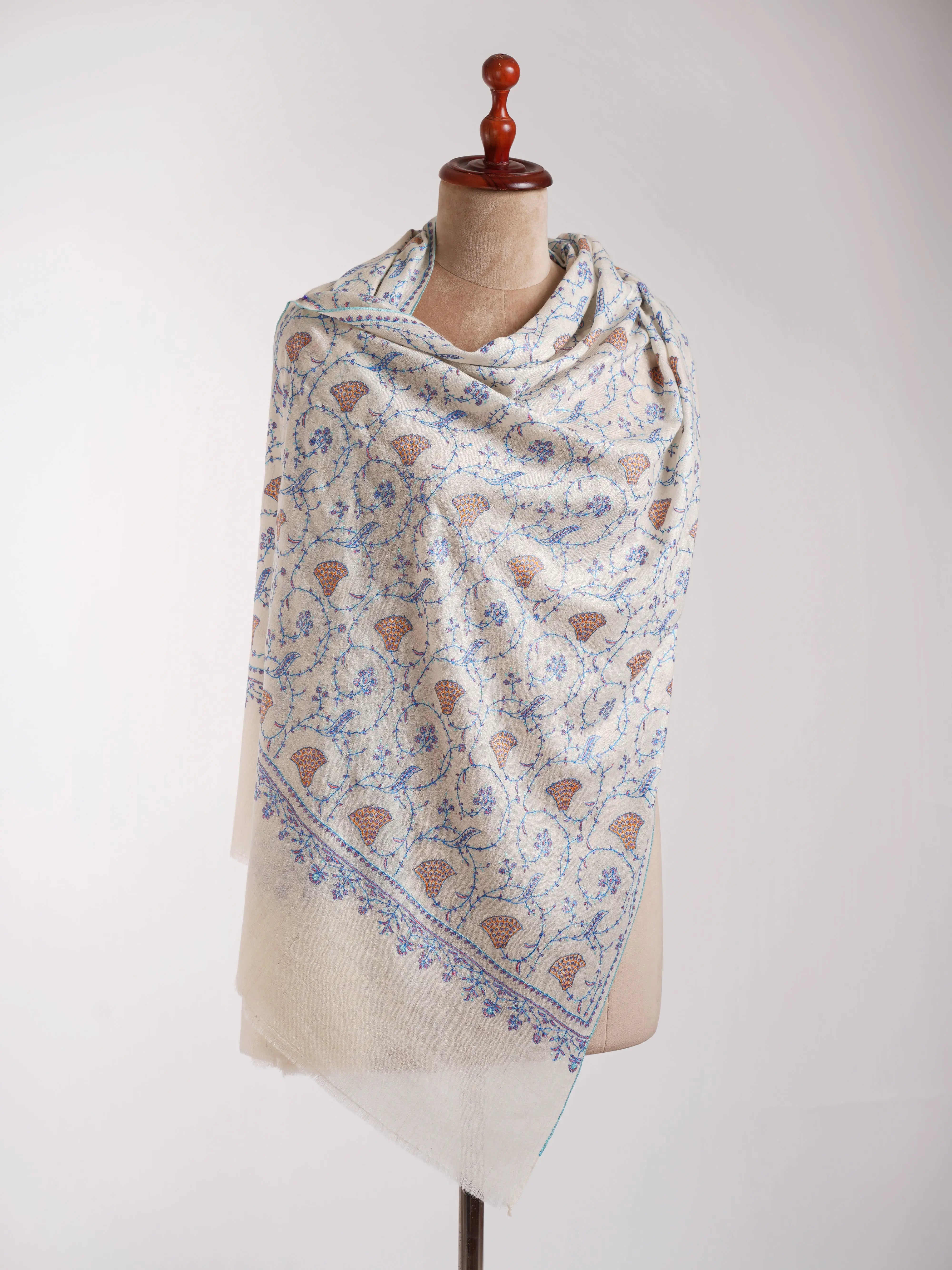 White Cashmere Wrap with Sozni Embroidery from Kashmir Shahkaar