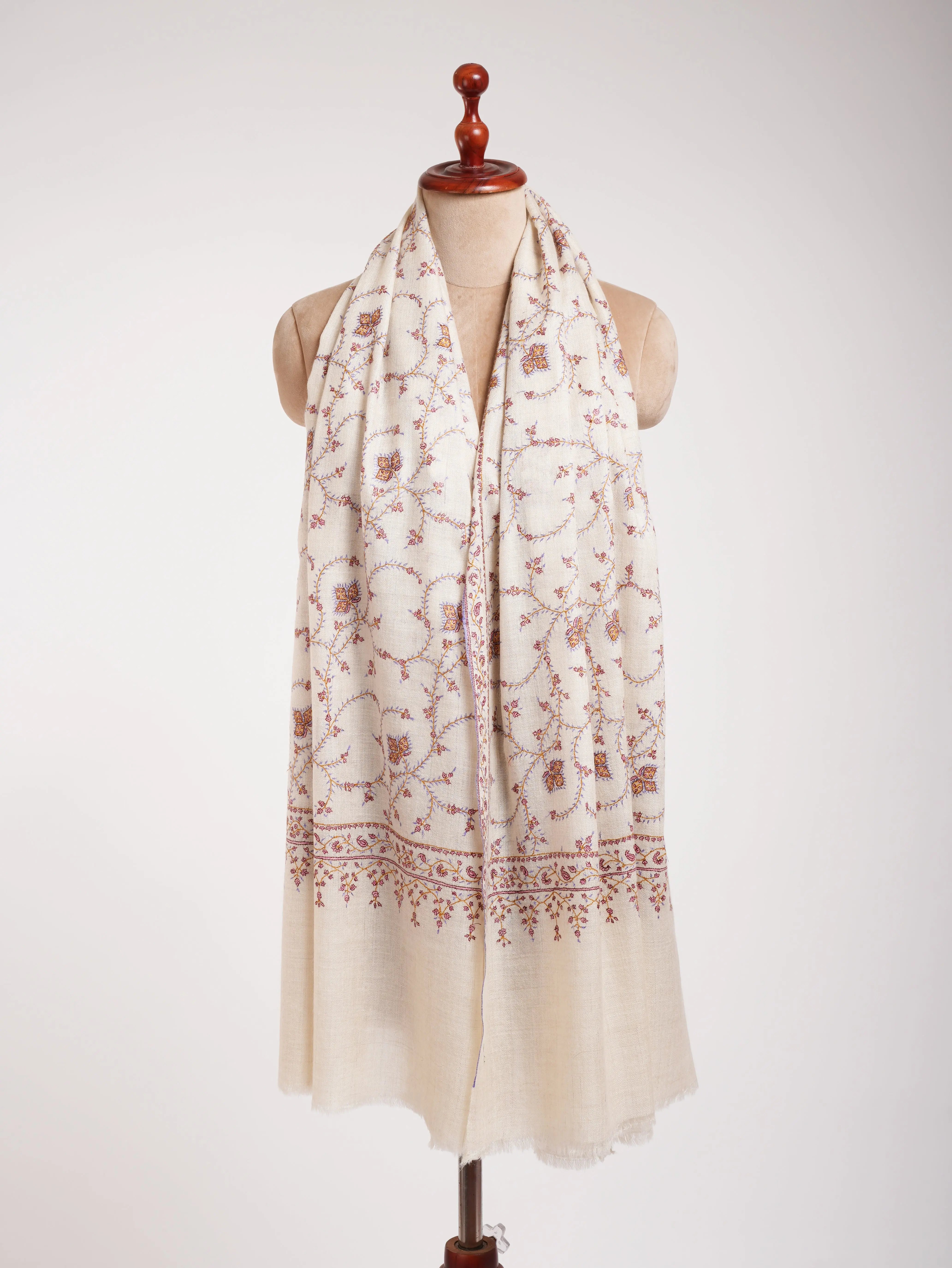 White Collection Sozni Embroidered Indian Pashmina Shawl Shahkaar