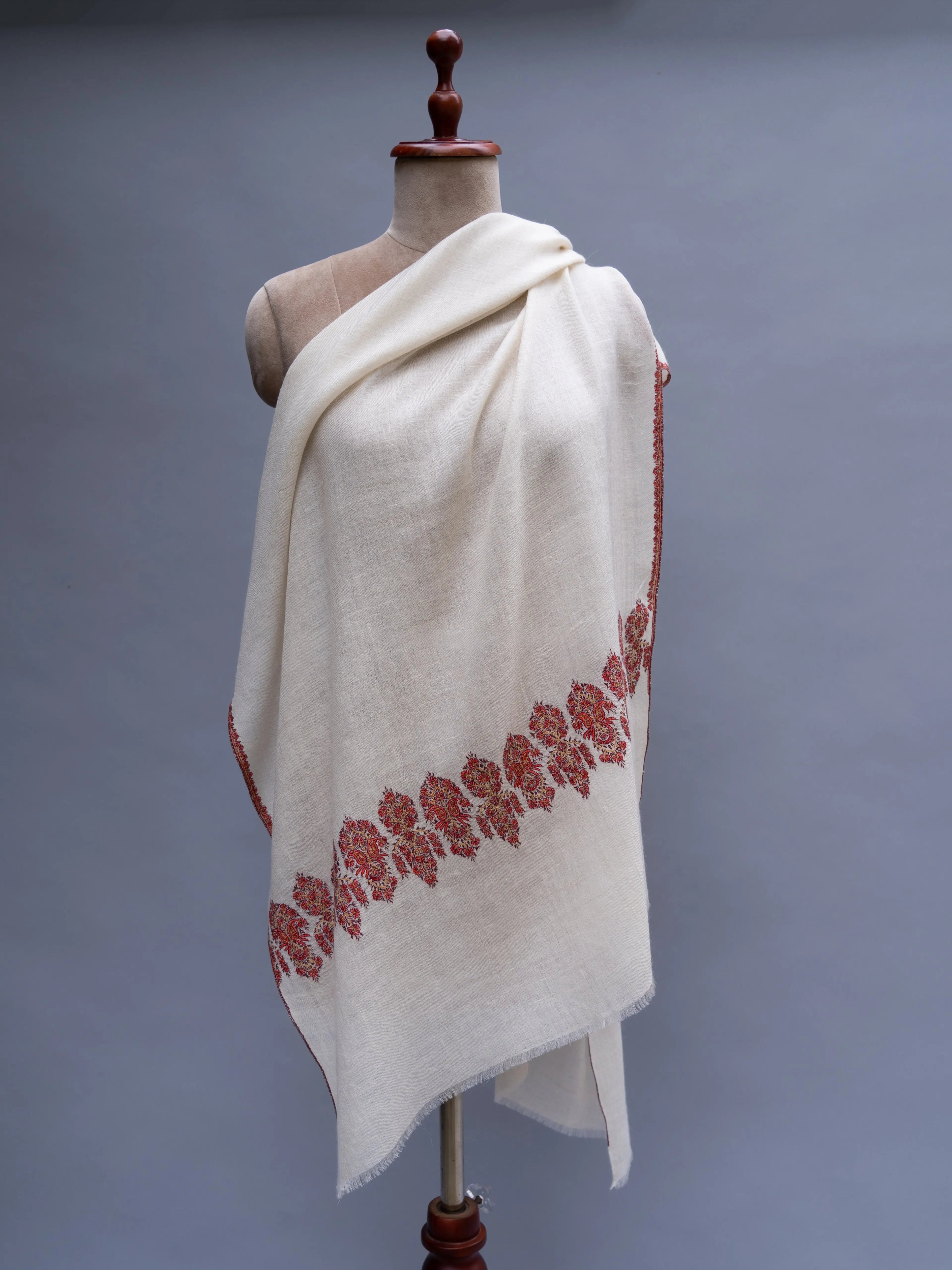White Embroidered Beautiful Cashmere Wrap Shahkaar