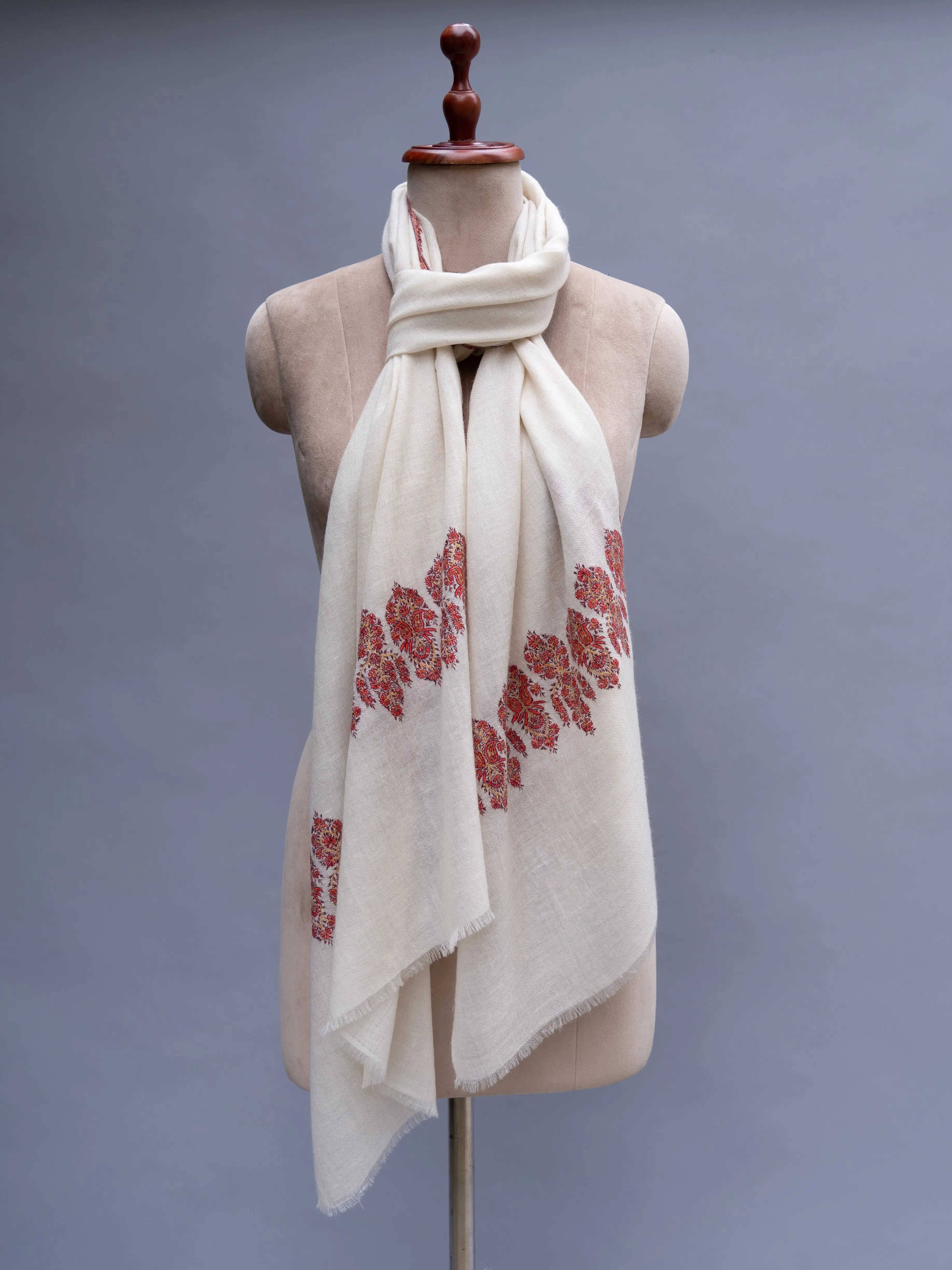 White Embroidered Beautiful Cashmere Wrap Shahkaar