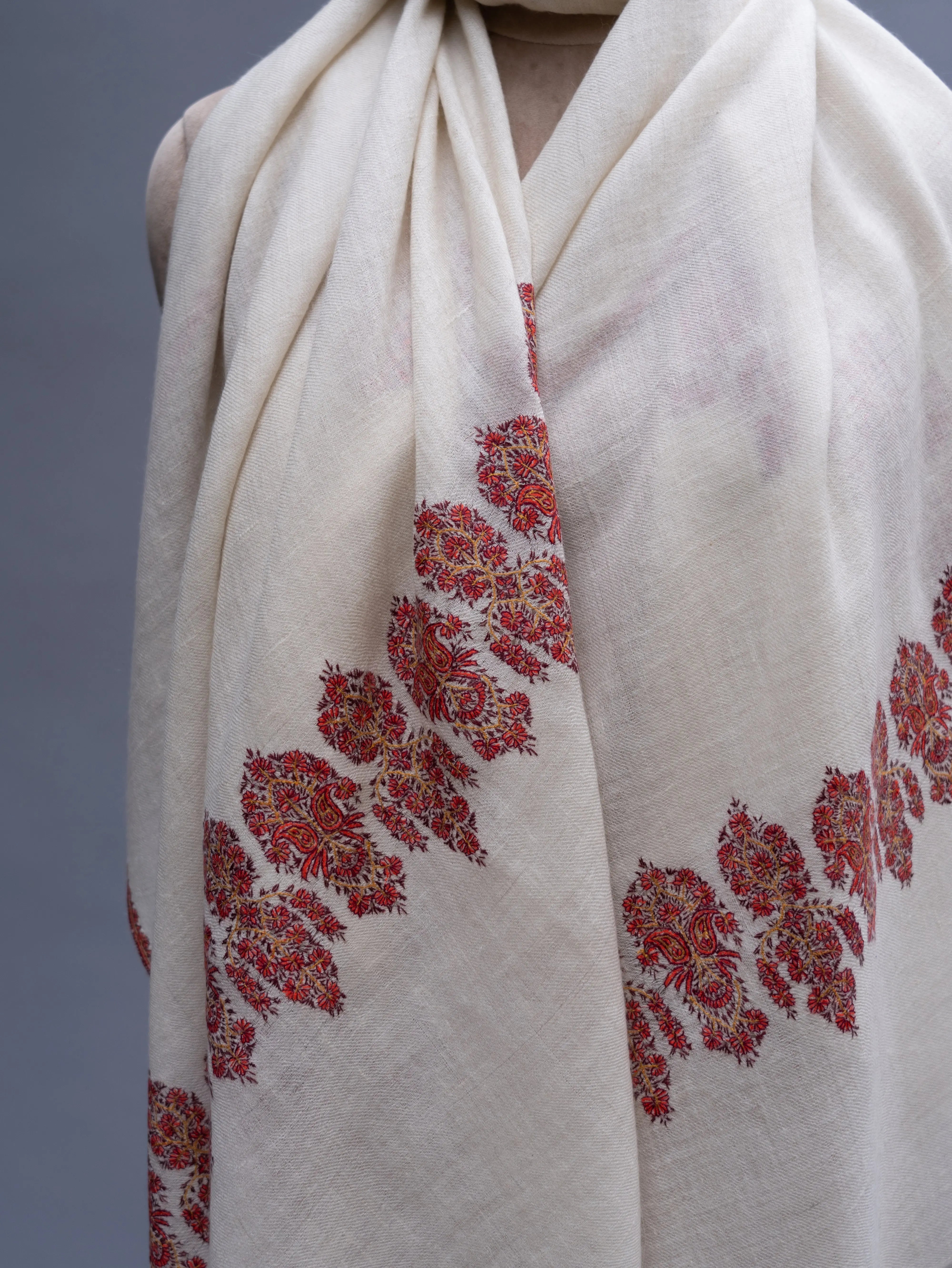 White Embroidered Beautiful Cashmere Wrap Shahkaar