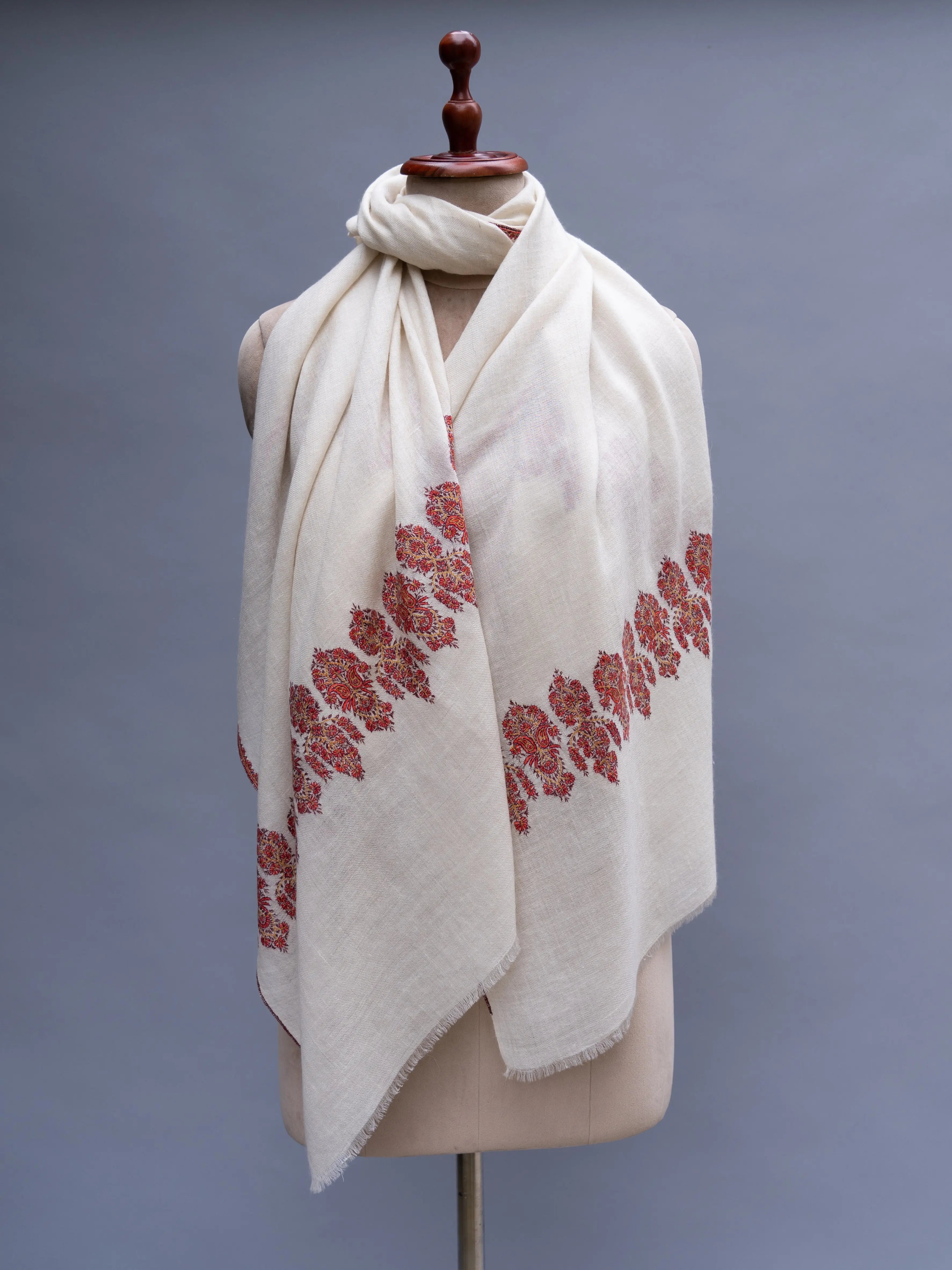 White Embroidered Beautiful Cashmere Wrap Shahkaar