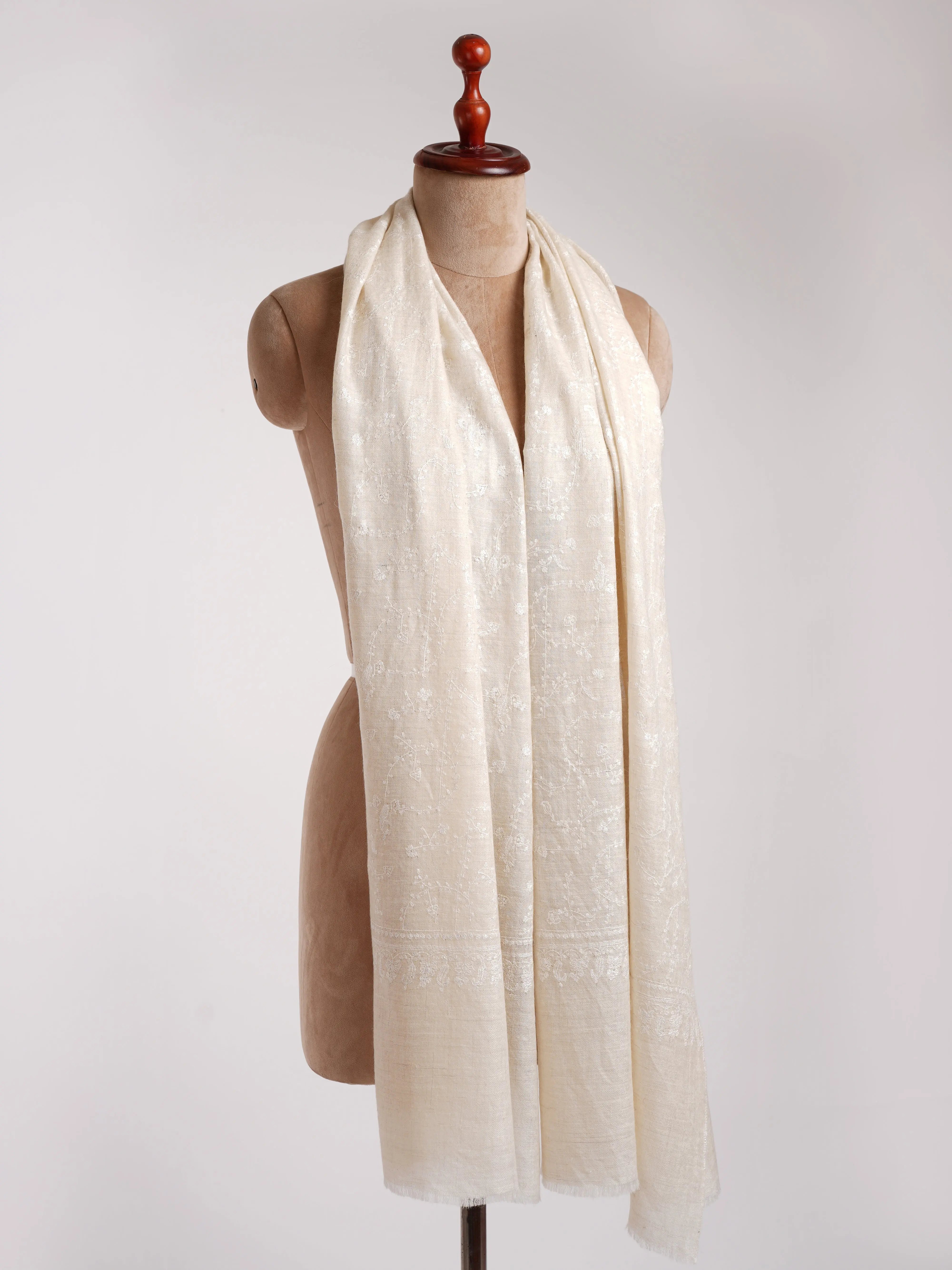 White Indian Cashmere Embroidered Wrap Shahkaar