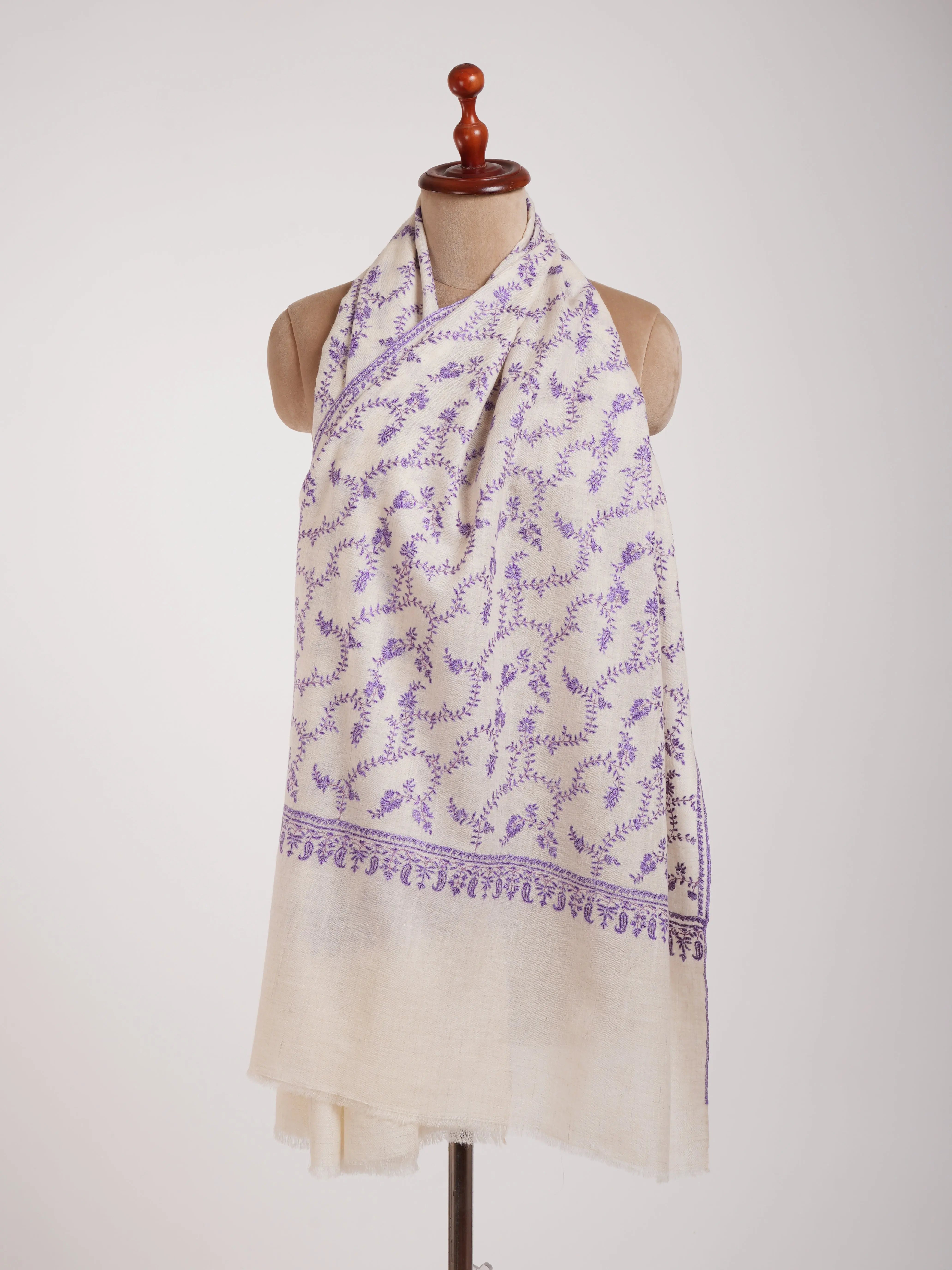 White Indian Warm Cashmere Stole with Sozni Embroidery Shahkaar