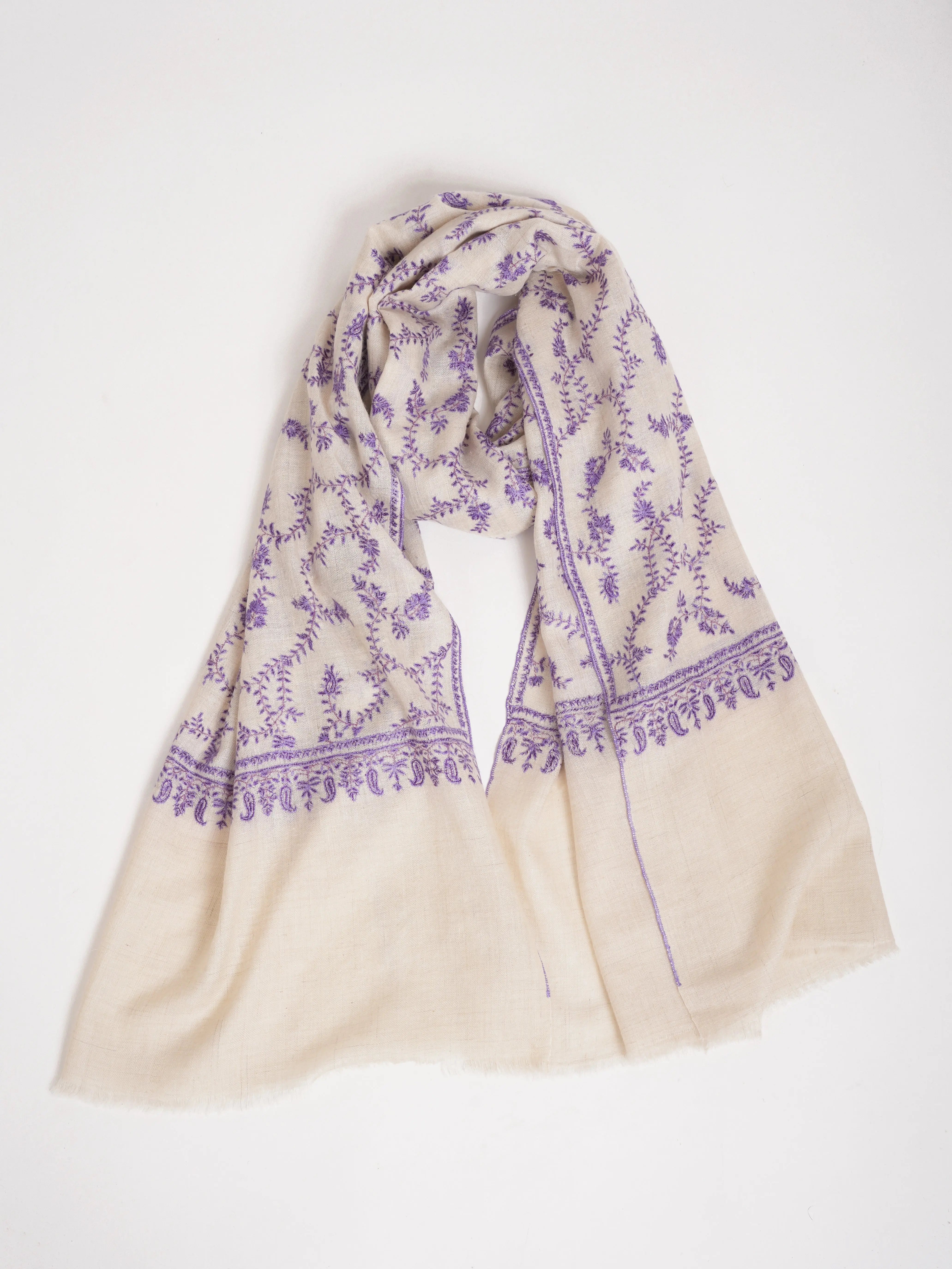 White Indian Warm Cashmere Stole with Sozni Embroidery Shahkaar