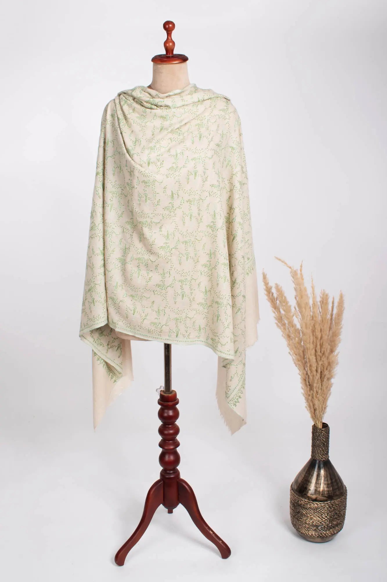 White Kashmiri Pashmina Shawl in Green Embroidery Shahkaar