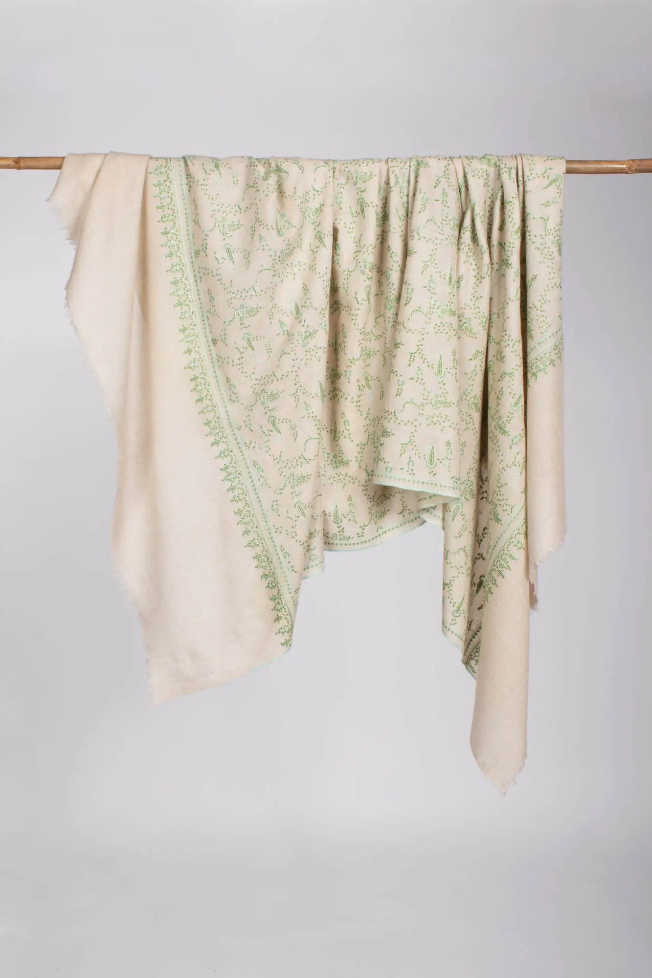 White Kashmiri Pashmina Shawl in Green Embroidery Shahkaar