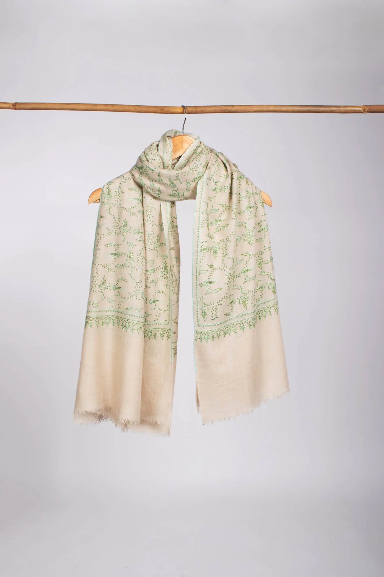 White Kashmiri Pashmina Shawl in Green Embroidery Shahkaar