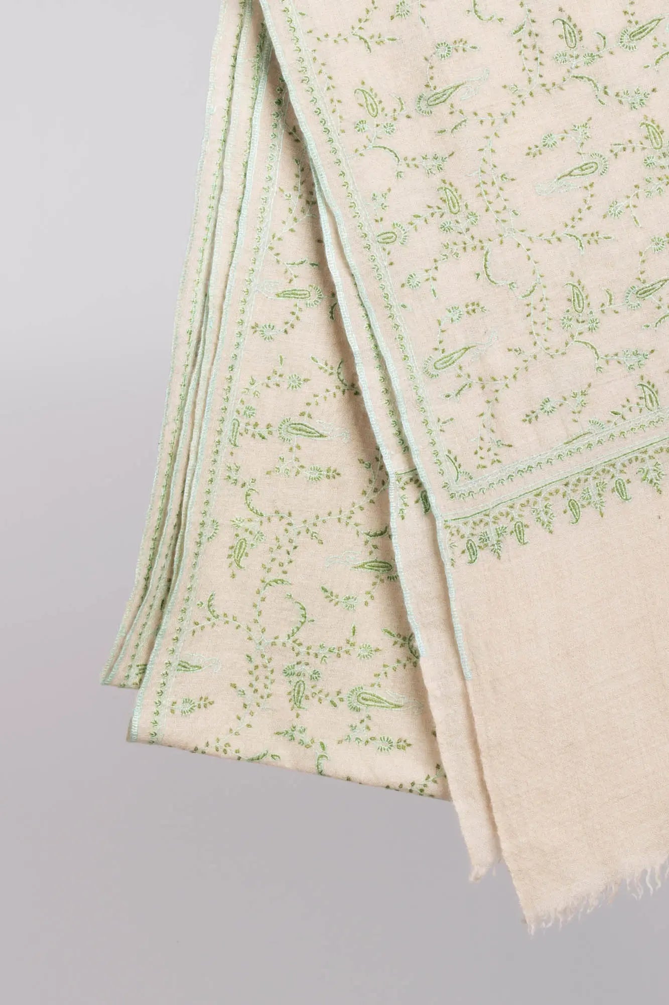 White Kashmiri Pashmina Shawl in Green Embroidery Shahkaar
